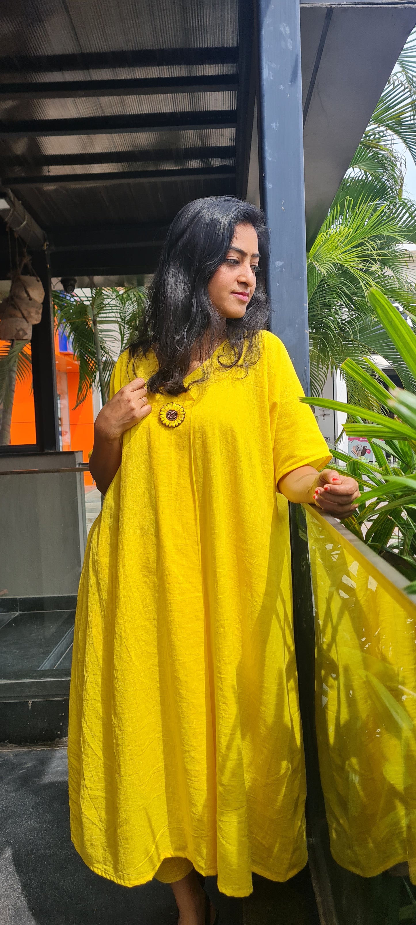 Vibrant Vibes: Yellow Cotton Kaftan Frock with Embroidered Brooch