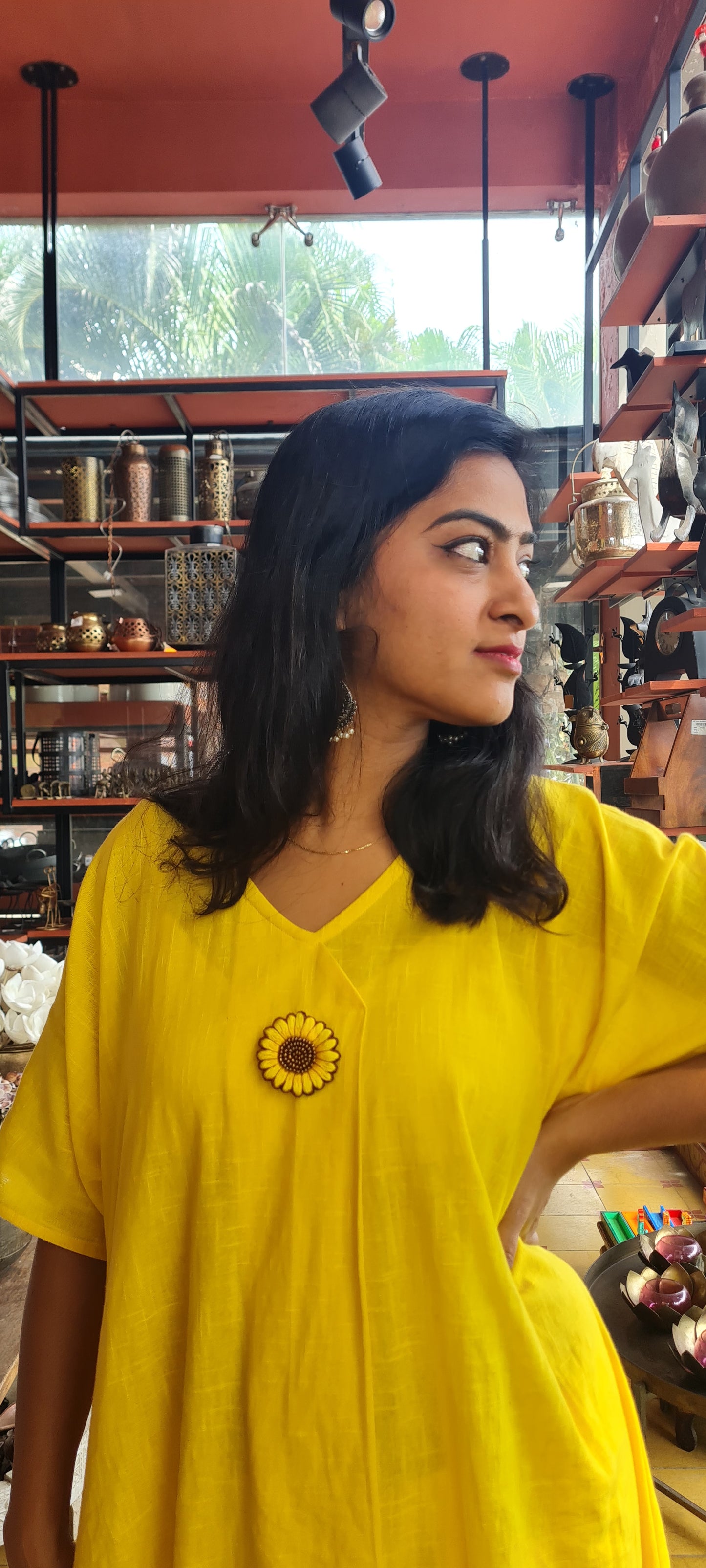 Vibrant Vibes: Yellow Cotton Kaftan Frock with Embroidered Brooch