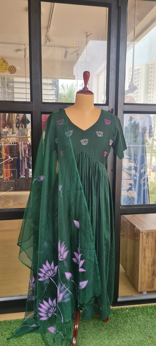 Handcrafted Harmony ,Green And Lavender alia cut top With dupatta: KUEMB00020