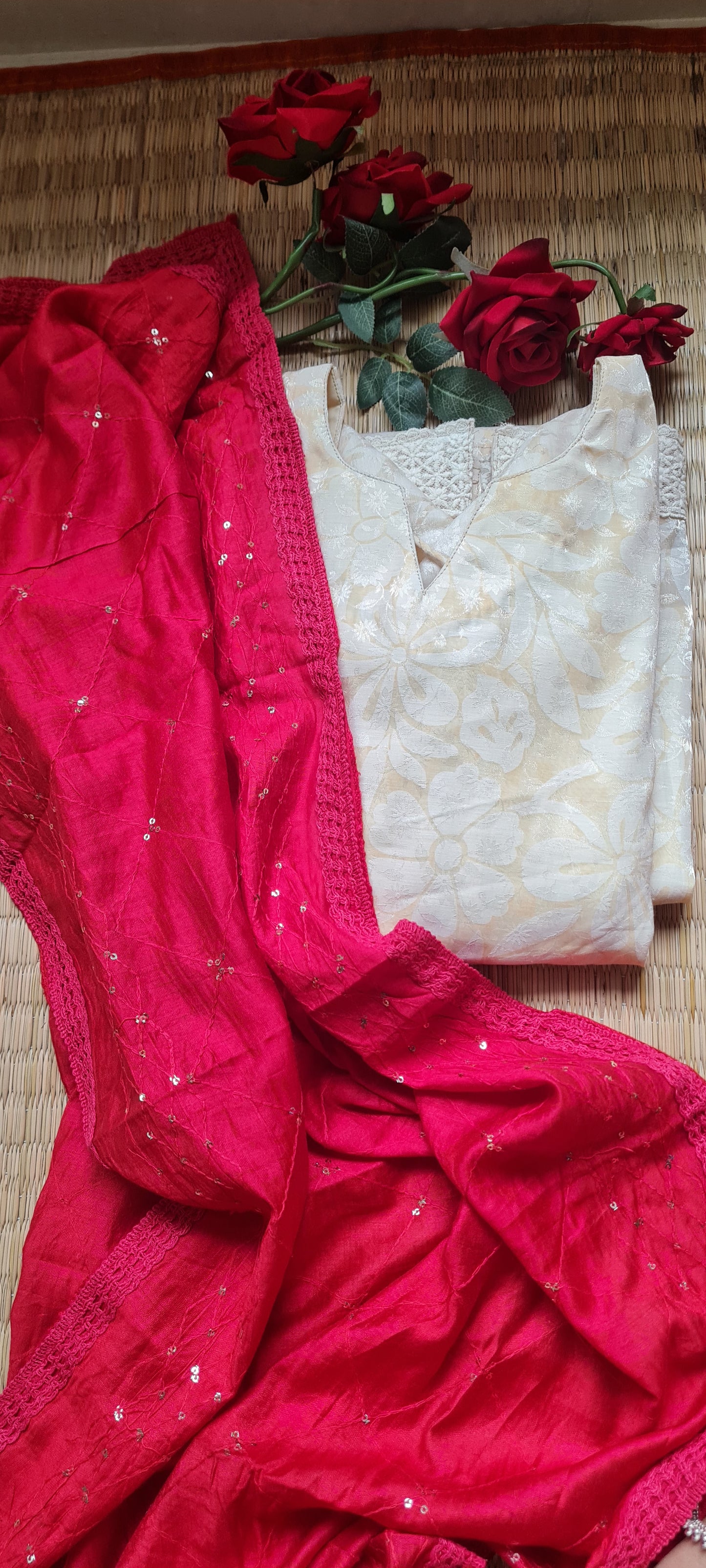 Classic Contrast: Off-White Top with Vibrant Red Dupatta