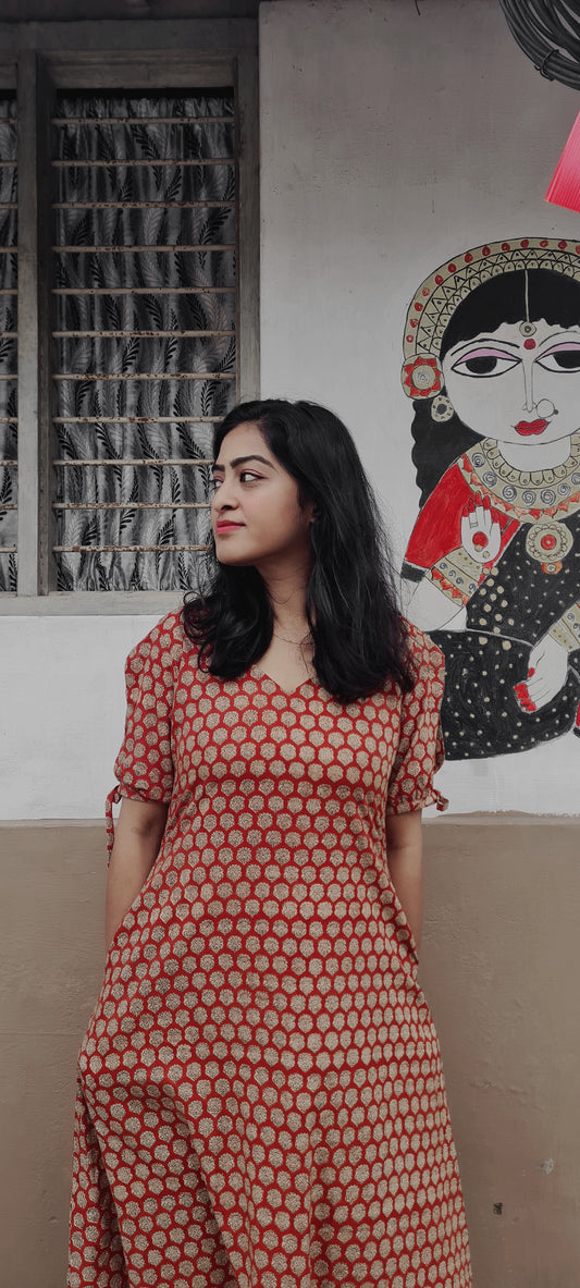 Heritage Chic: Brick Red & Black Hand Block Printed Frock