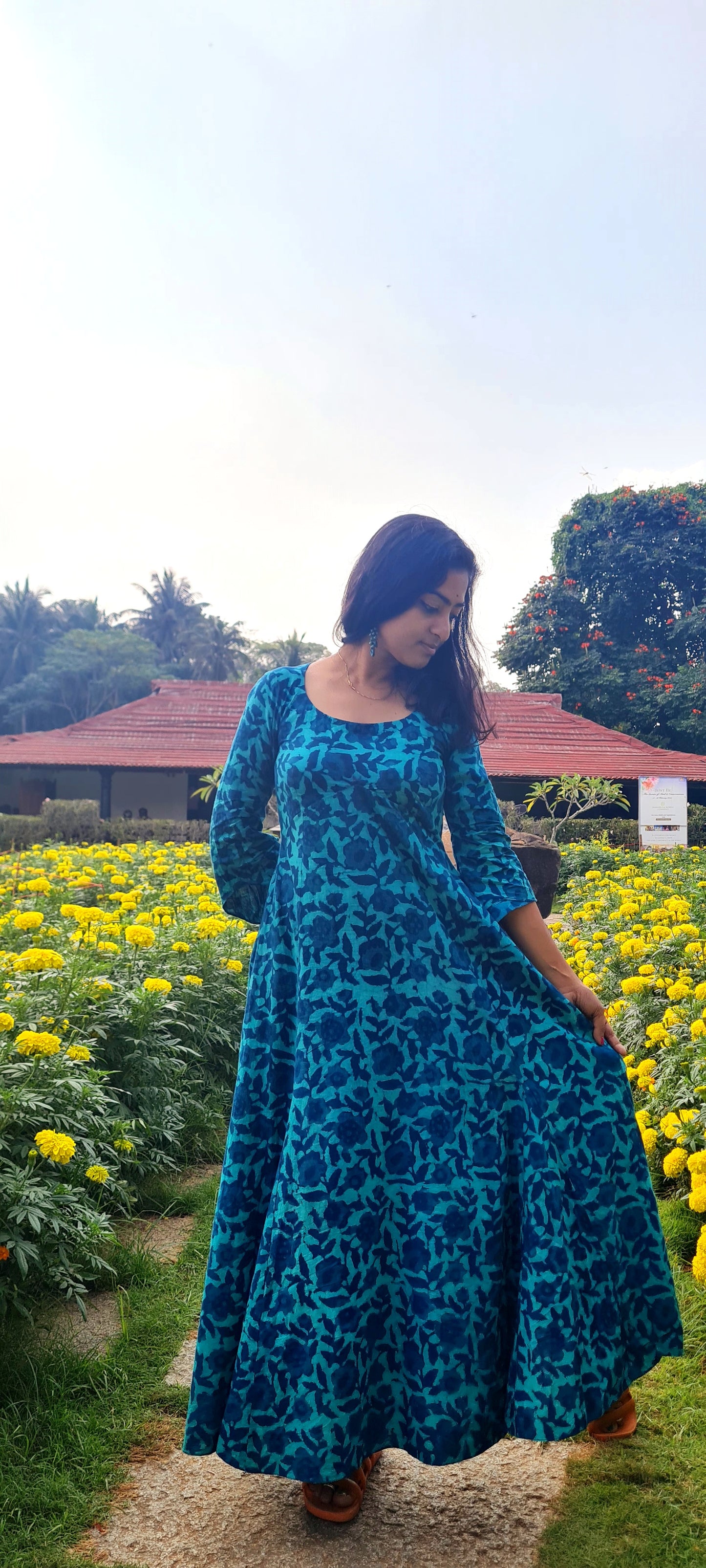 Azure Elegance: Handcrafted Block Print Dress FR00014