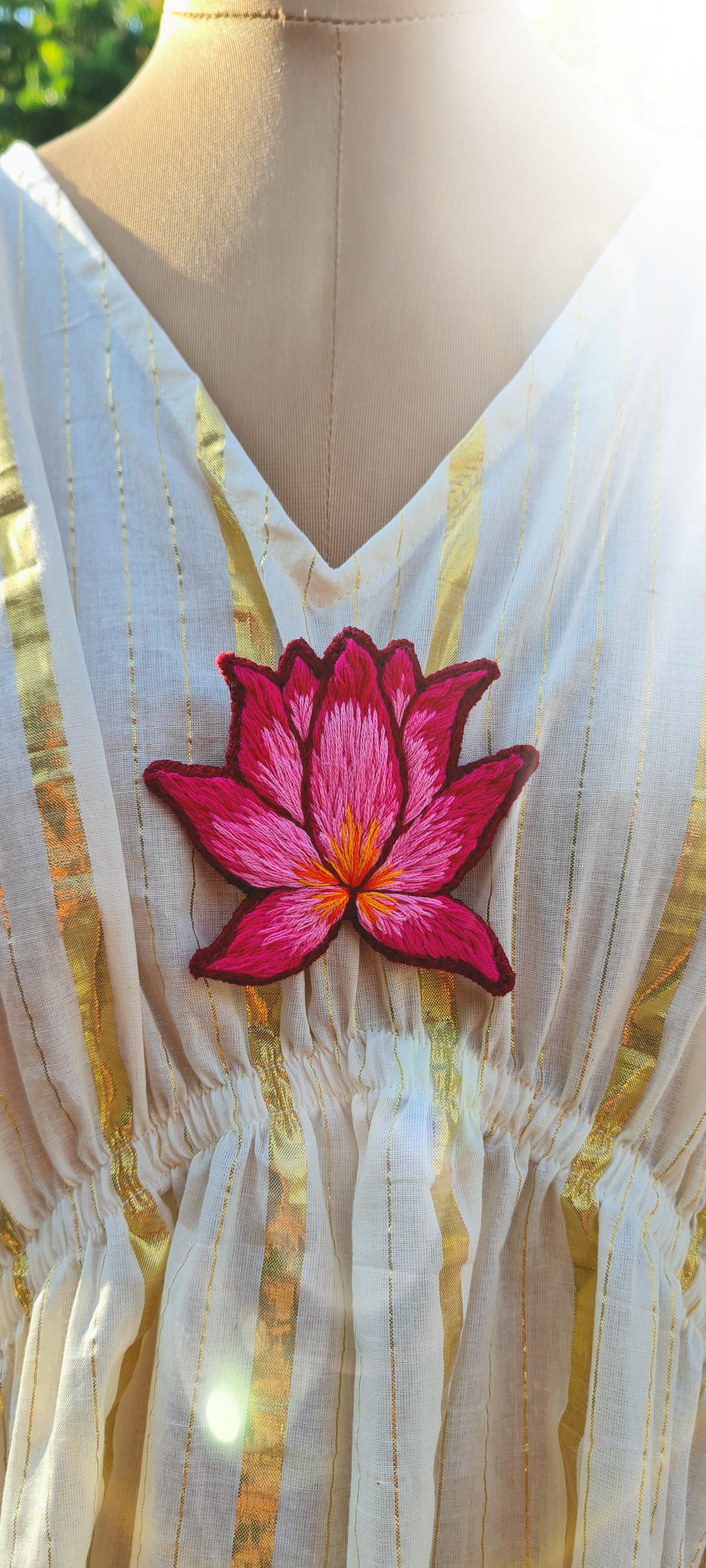 Golden Horizon: Offwhite Cotton Kaftan with Hand Embroidered Brooch