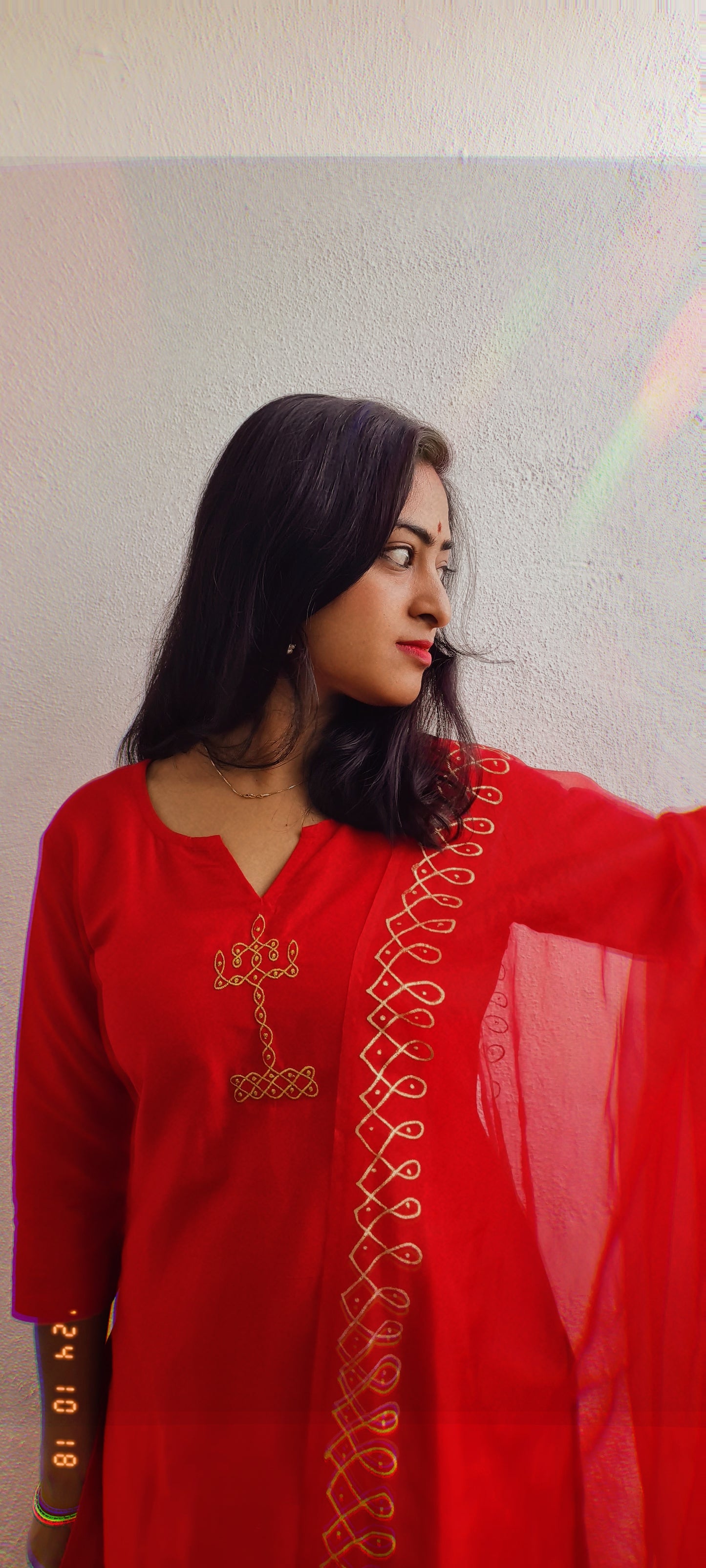 Kolam Elegance - Diwali Special Red Kurti & Dupatta Set - KU00026