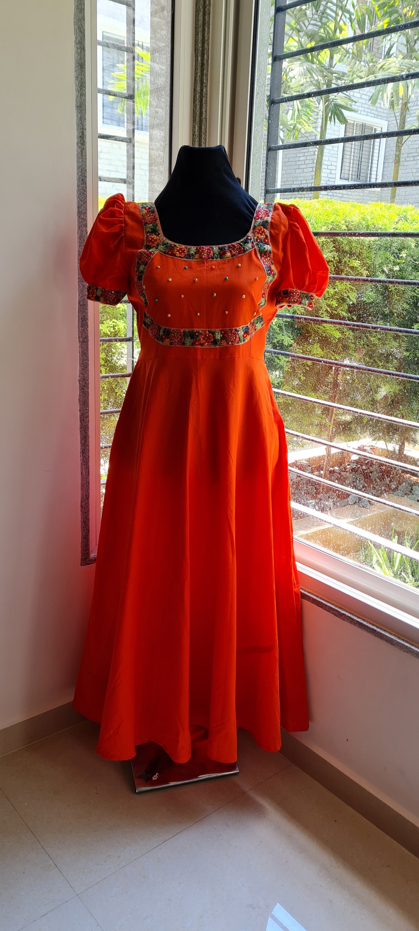 Charming Orange Cotton Frock with Handcrafted Embroidery Yoke