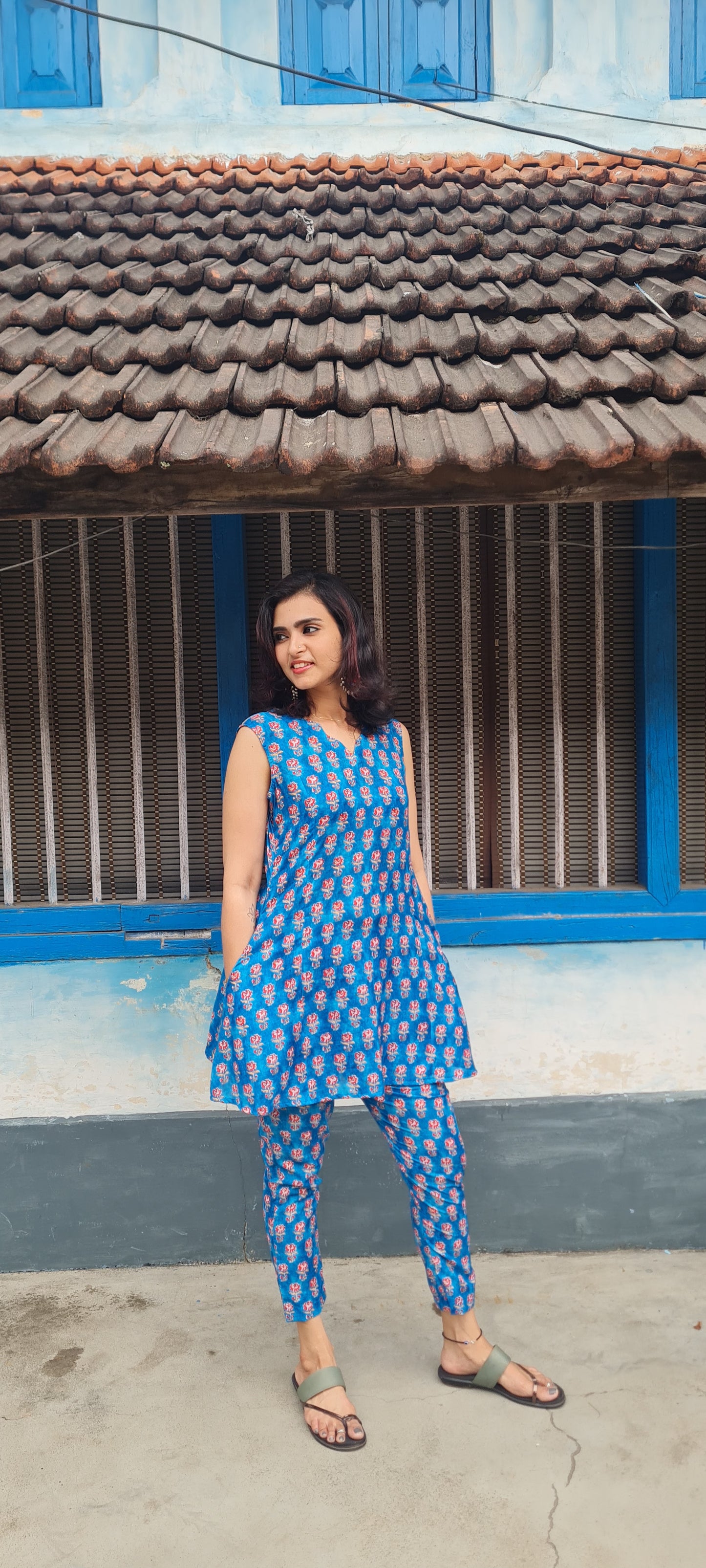 Coastal Charm: Blue & Red Cotton Linen Coord Set