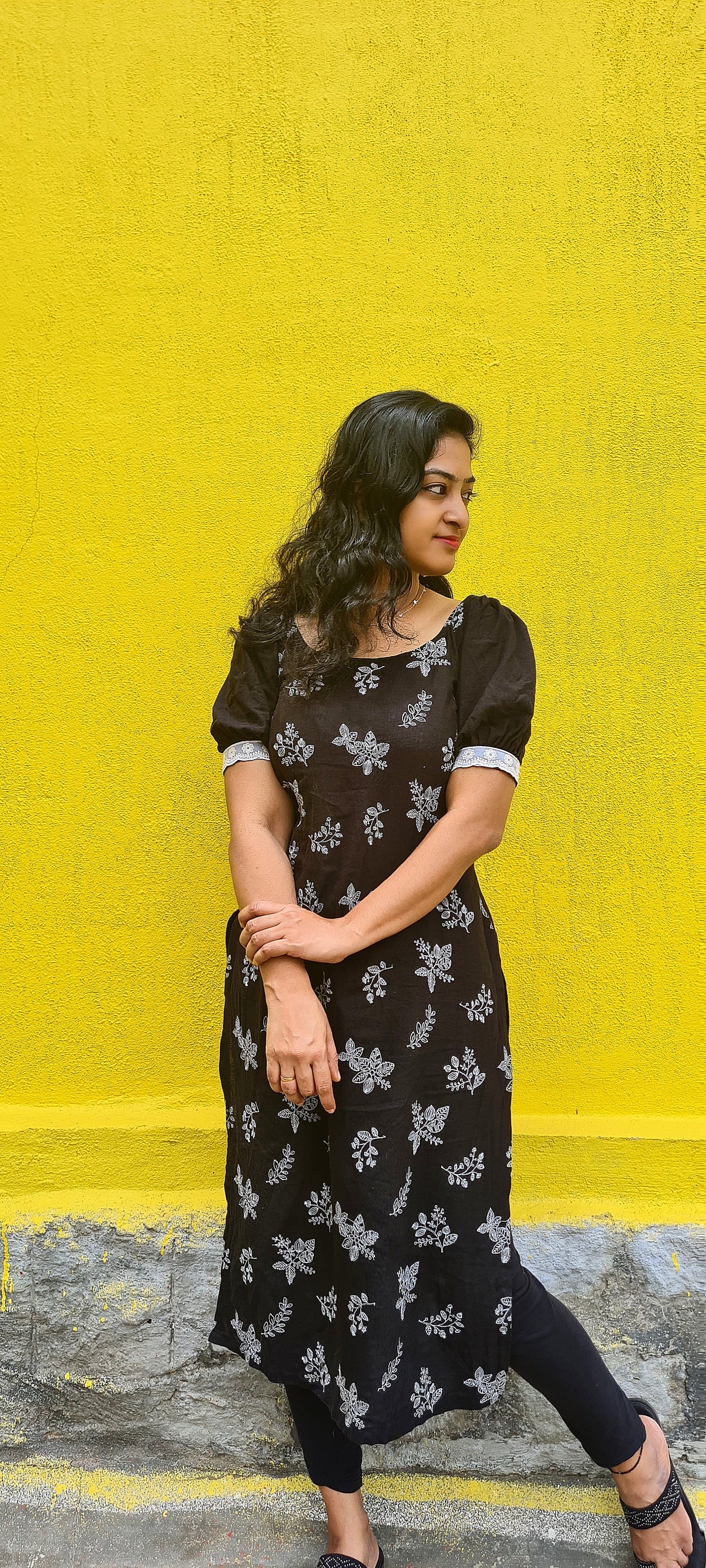 Midnight Opulence: Black Cotton Kurti with Ivory Embroidery