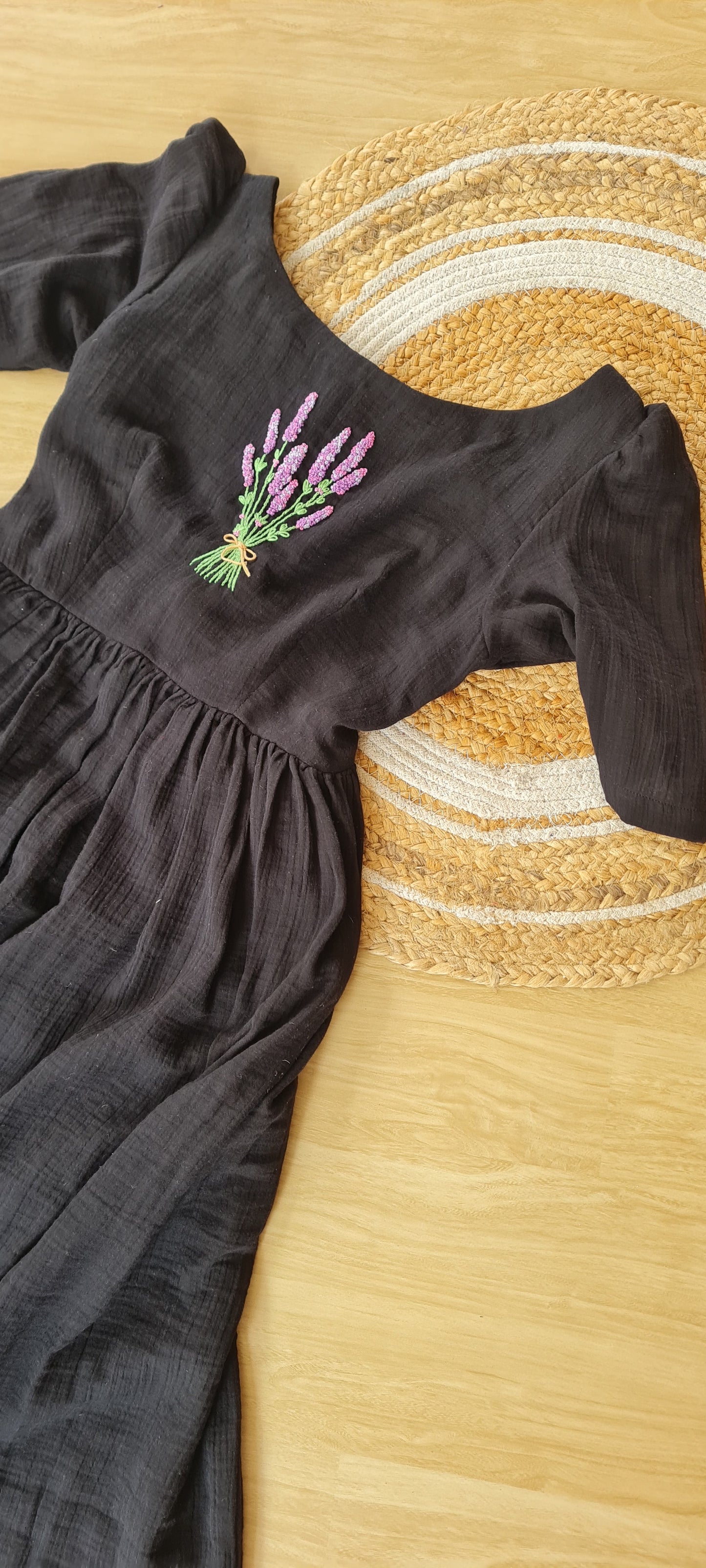 Lavender Dreams Frock - Handcrafted Black Gauze Cotton with Lavender Embroidery