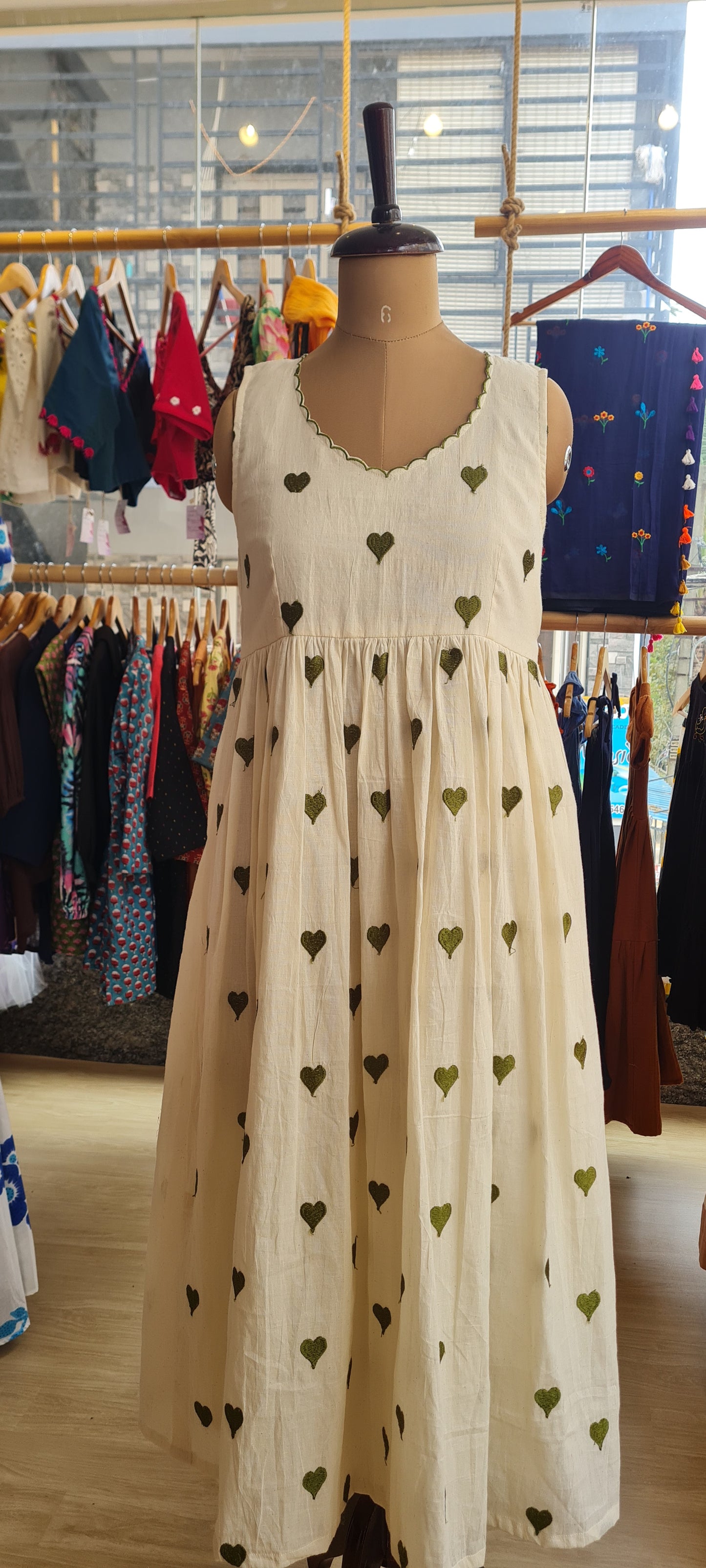 Love at First Sight: Off White Frock with Green Heart Embroidery