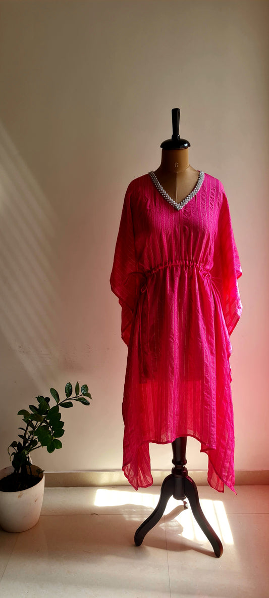 Deep Pink Cotton Striped Kaftan