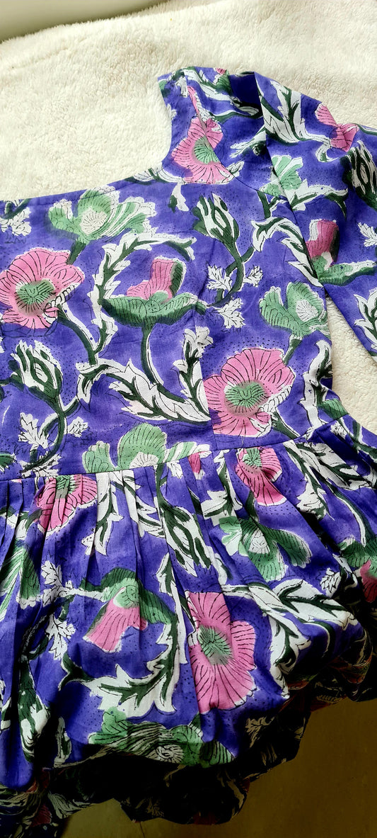 Violet and Pink Blooms: Hand Block Printed Cotton Frock for Maximum Comfort