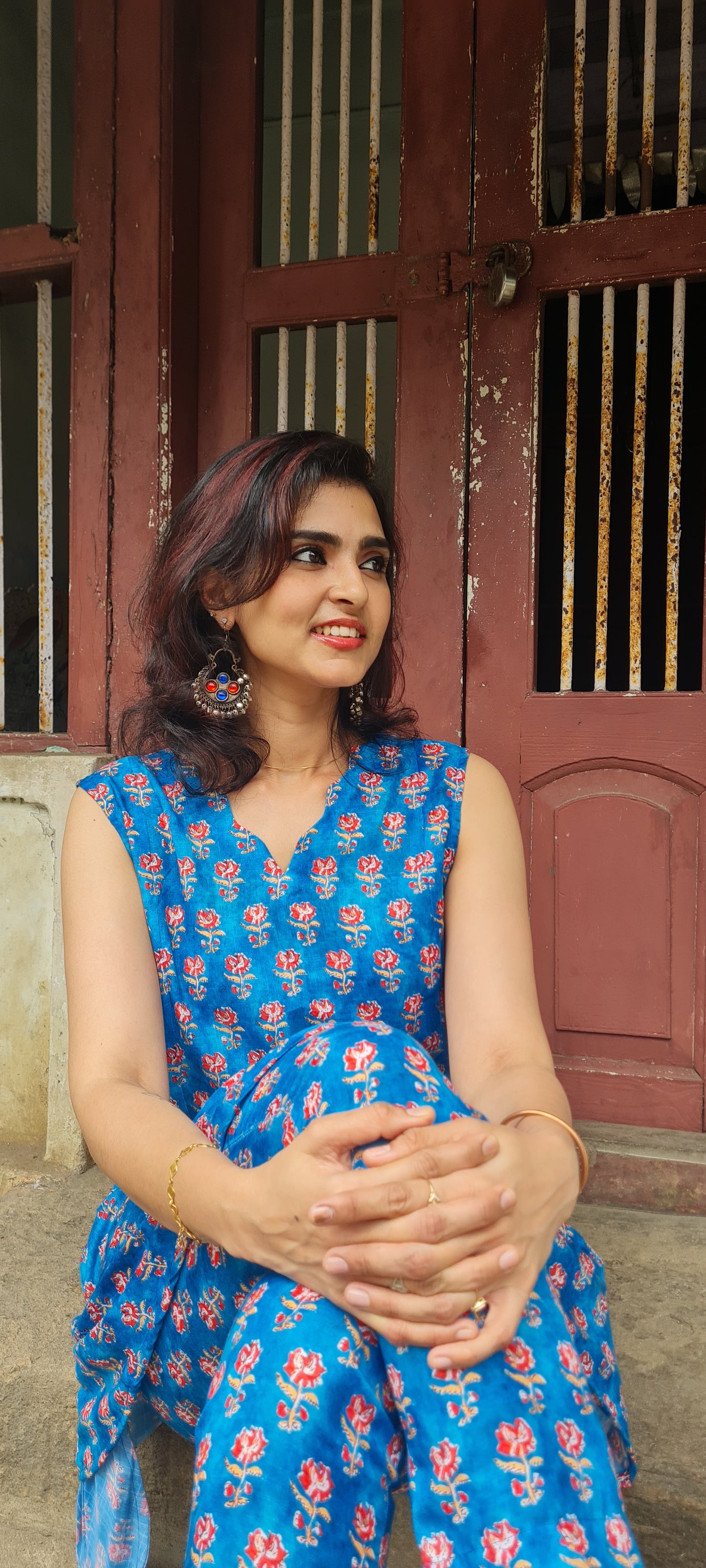 Coastal Charm: Blue & Red Cotton Linen Coord Set