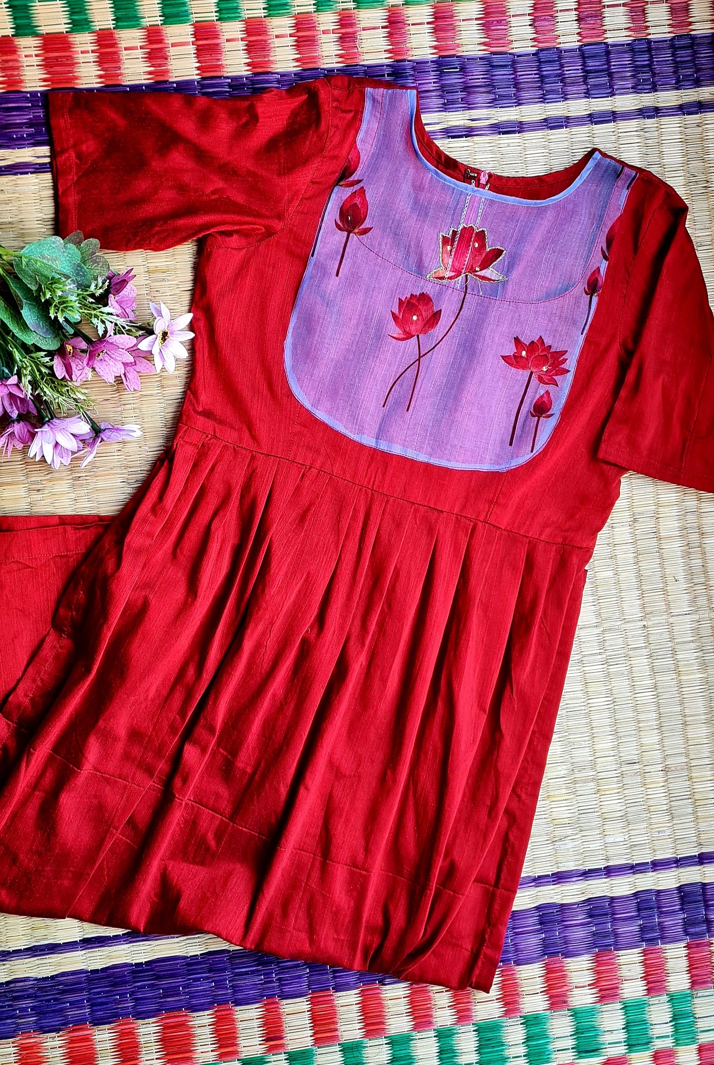 Unique Elegance: Lavender and Maroon Lotus Yoke Work Kurti with Hand-Painted Lotus Dupatta