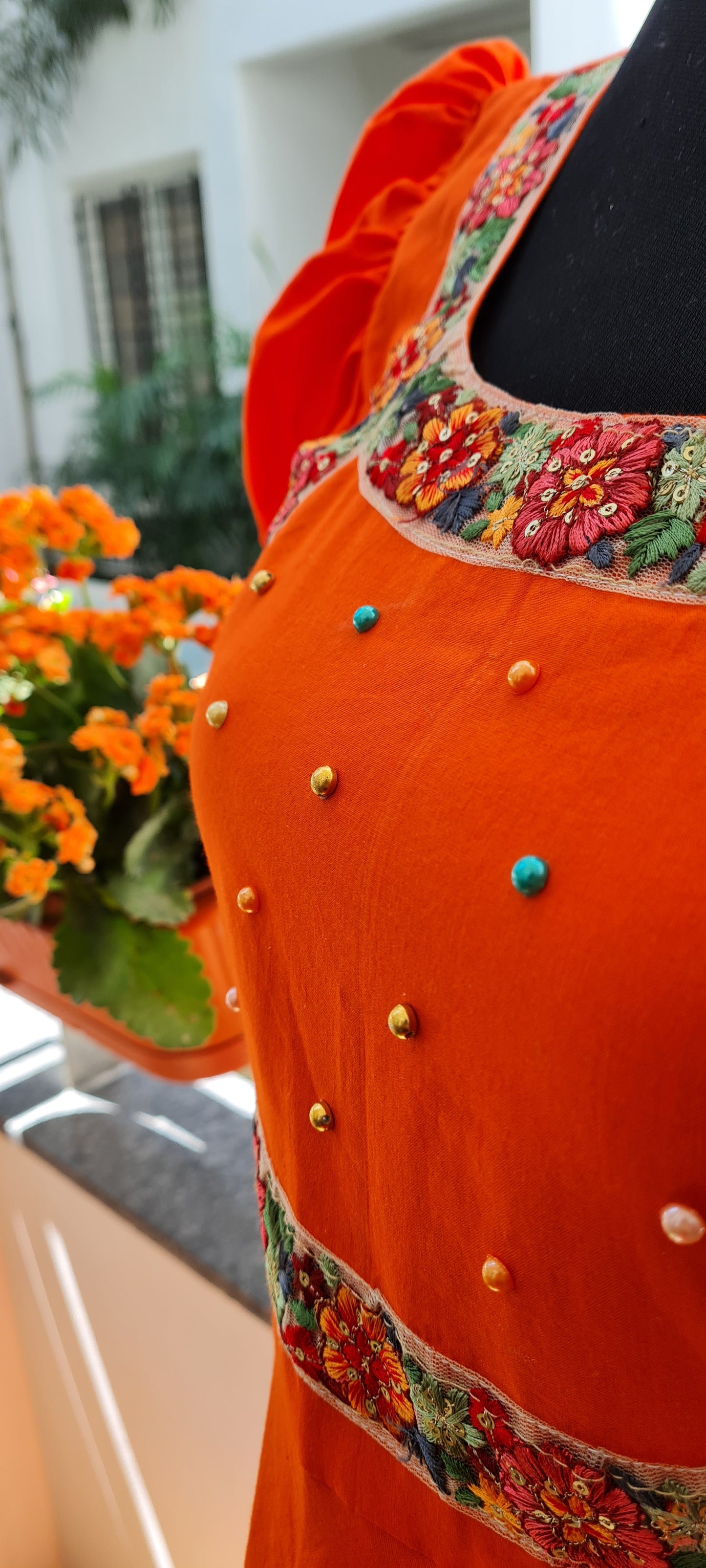 Charming Orange Cotton Frock with Handcrafted Embroidery Yoke