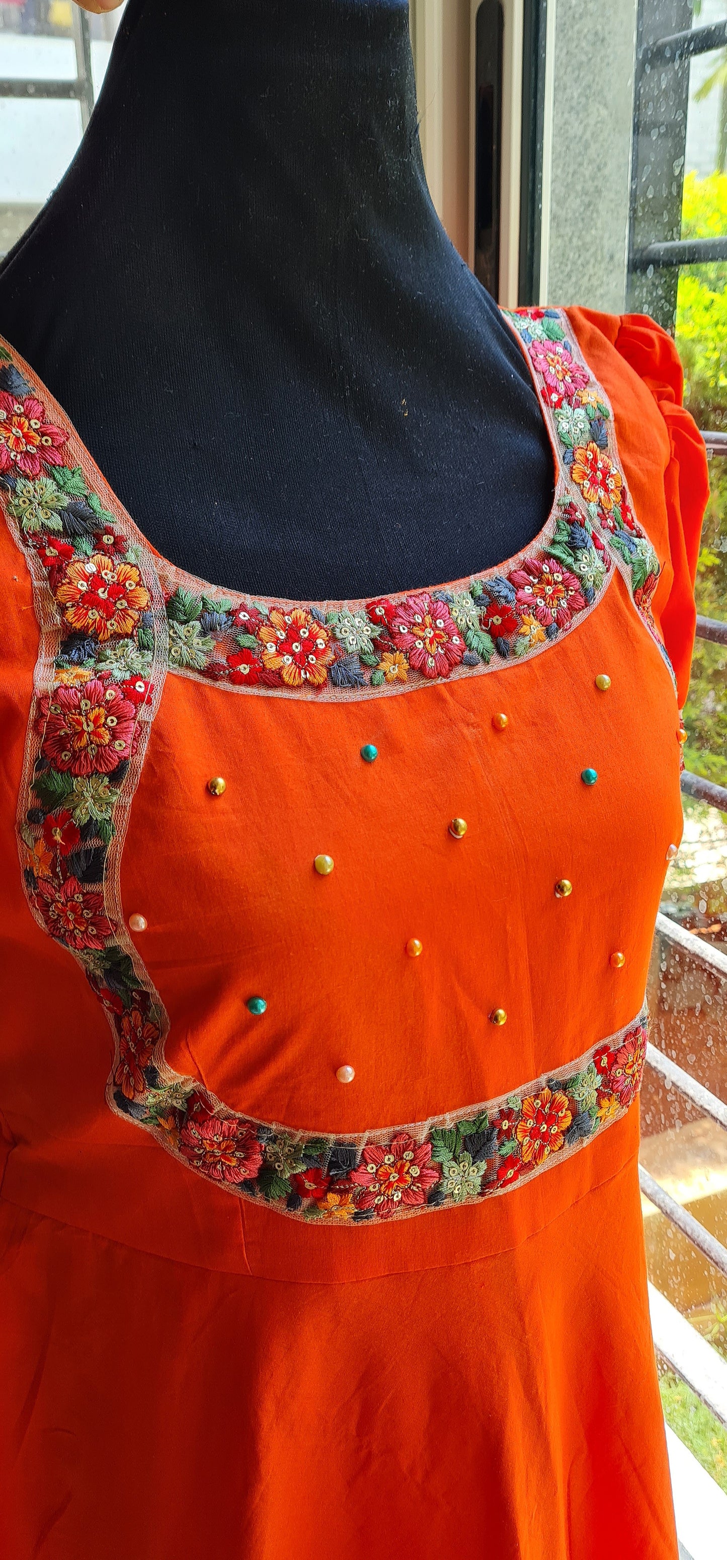 Charming Orange Cotton Frock with Handcrafted Embroidery Yoke