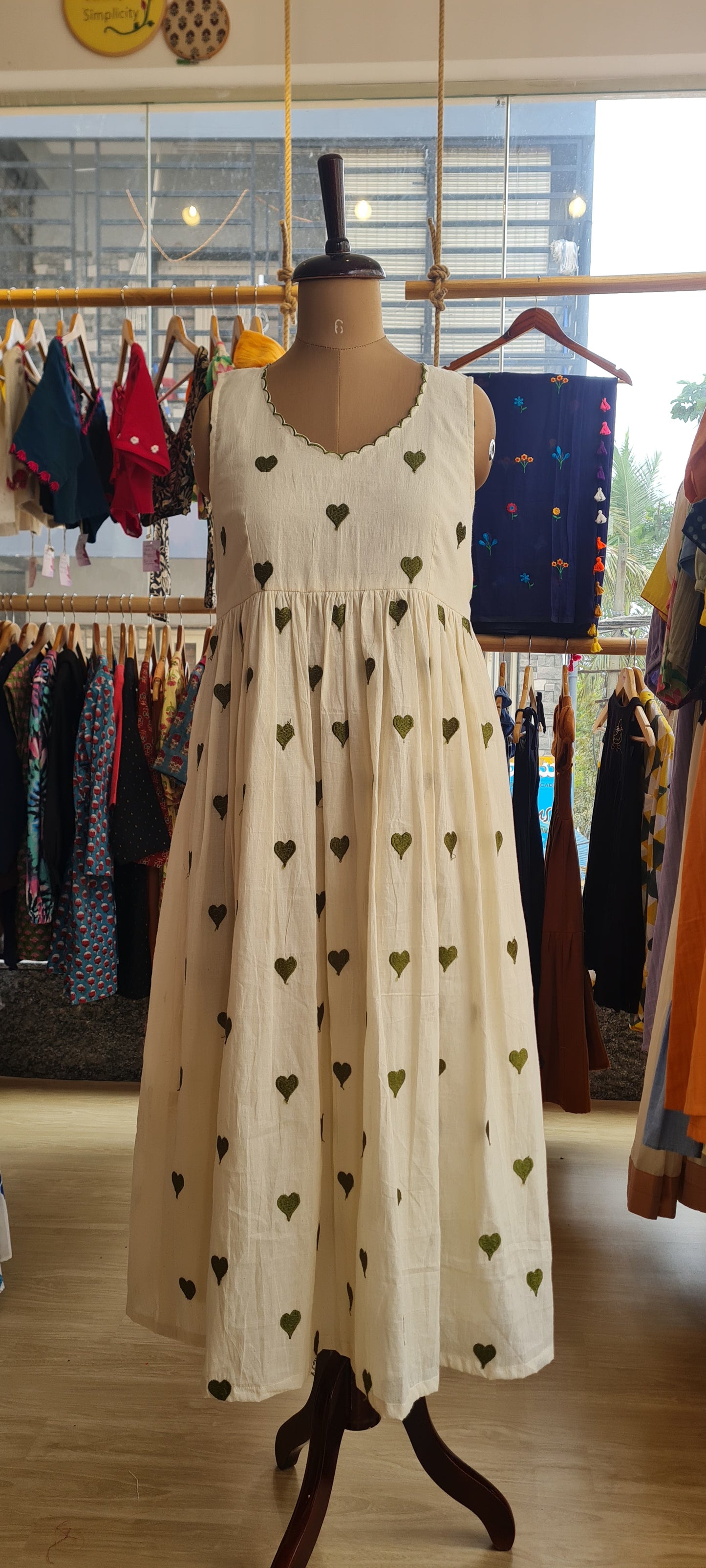 Love at First Sight: Off White Frock with Green Heart Embroidery