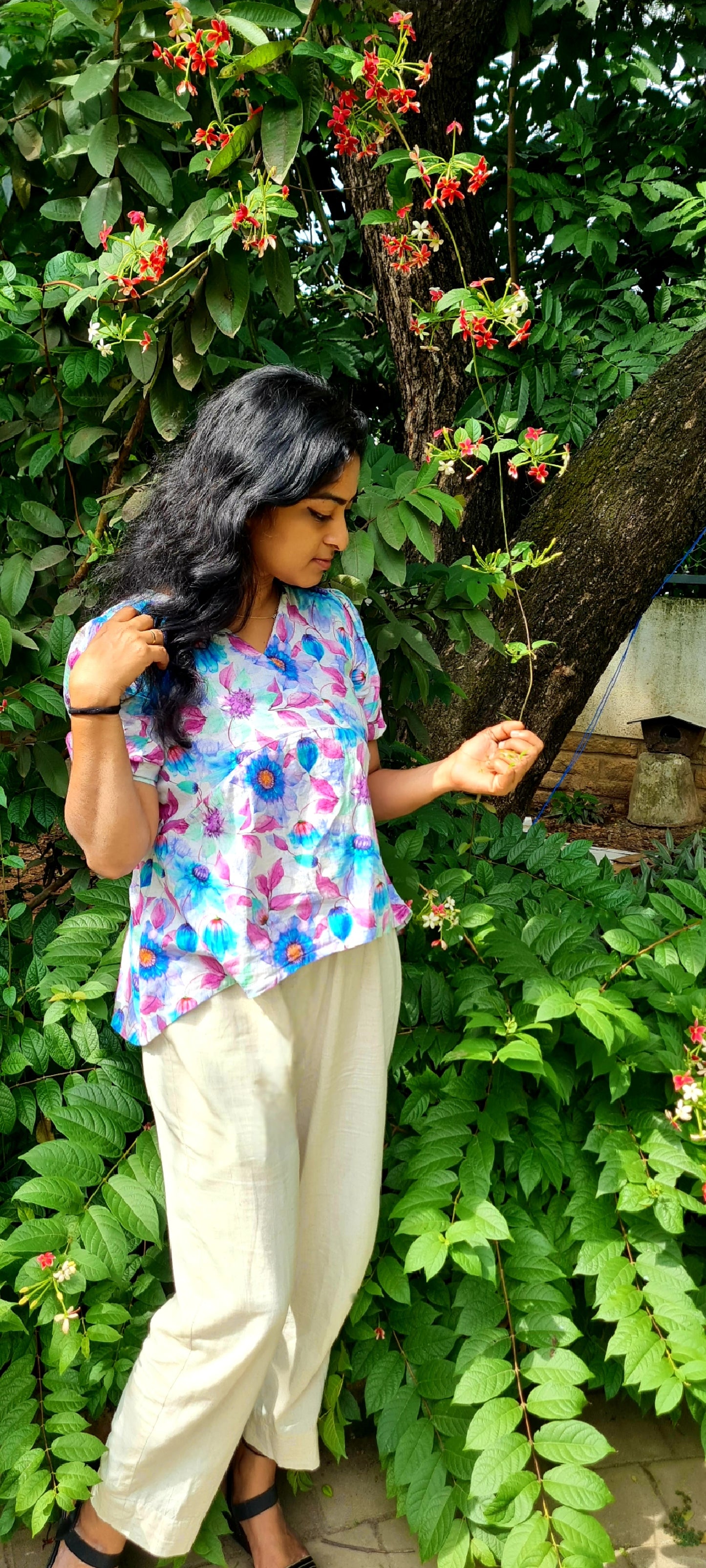 Floral Elegance: Khadi High Low Top