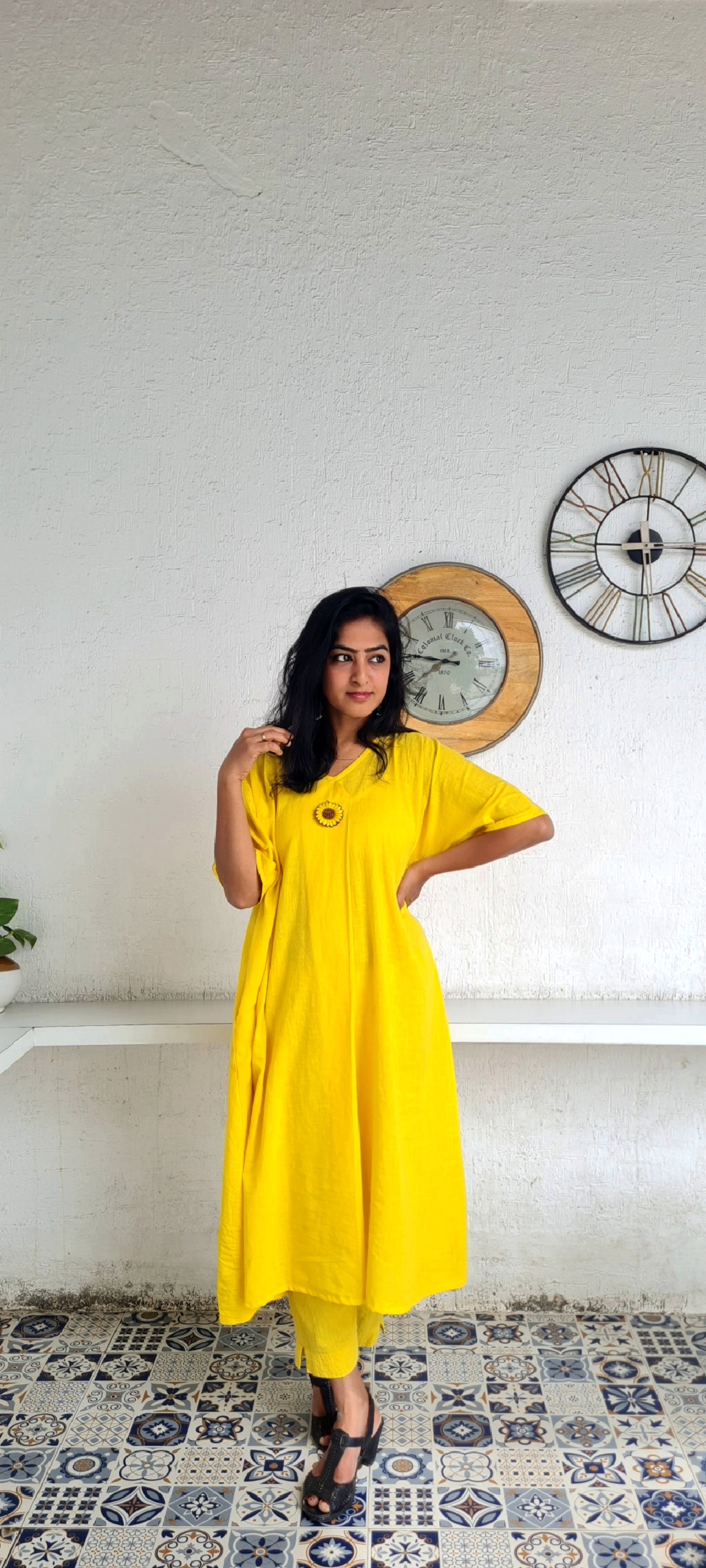 Vibrant Vibes: Yellow Cotton Kaftan Frock with Embroidered Brooch