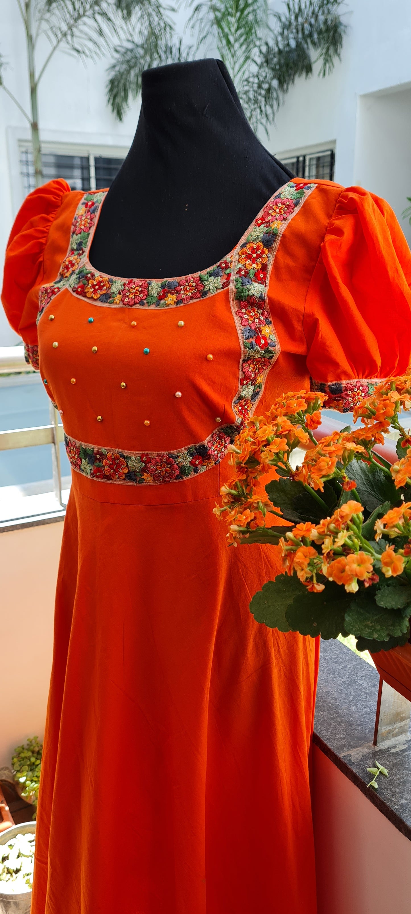 Charming Orange Cotton Frock with Handcrafted Embroidery Yoke