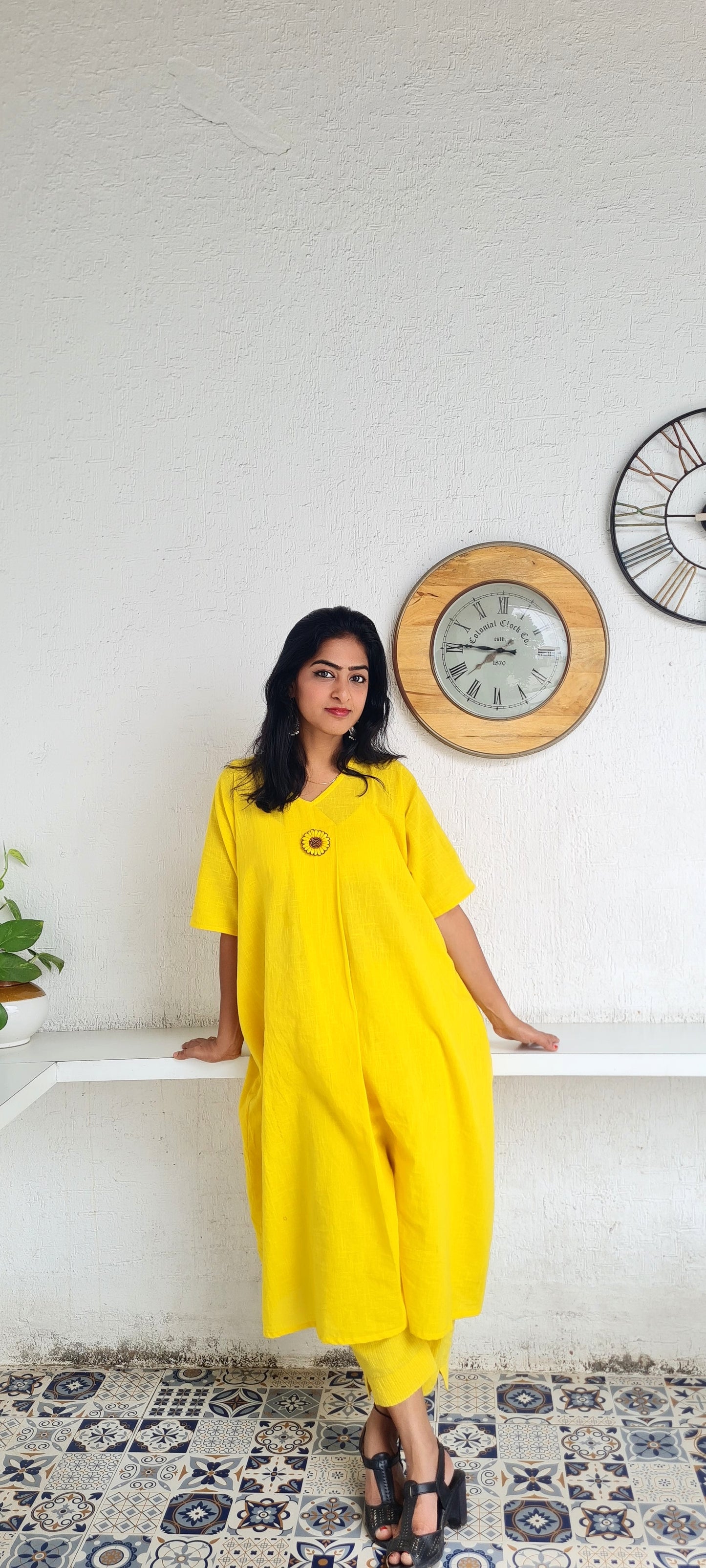 Vibrant Vibes: Yellow Cotton Kaftan Frock with Embroidered Brooch