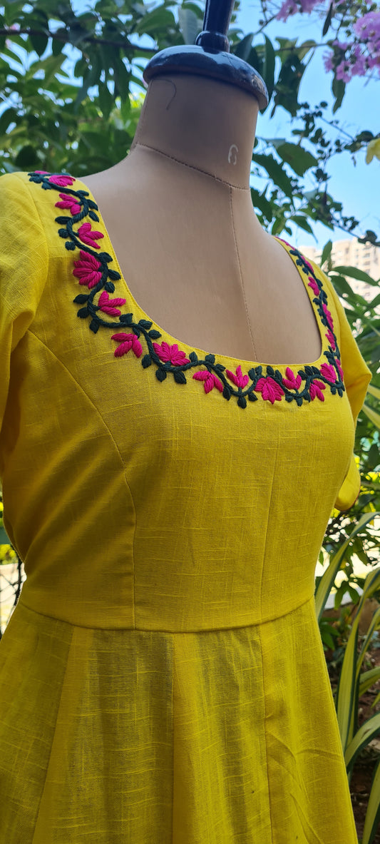 Lotus Bloom: Yellow Cotton Frock with Hand Embroidery