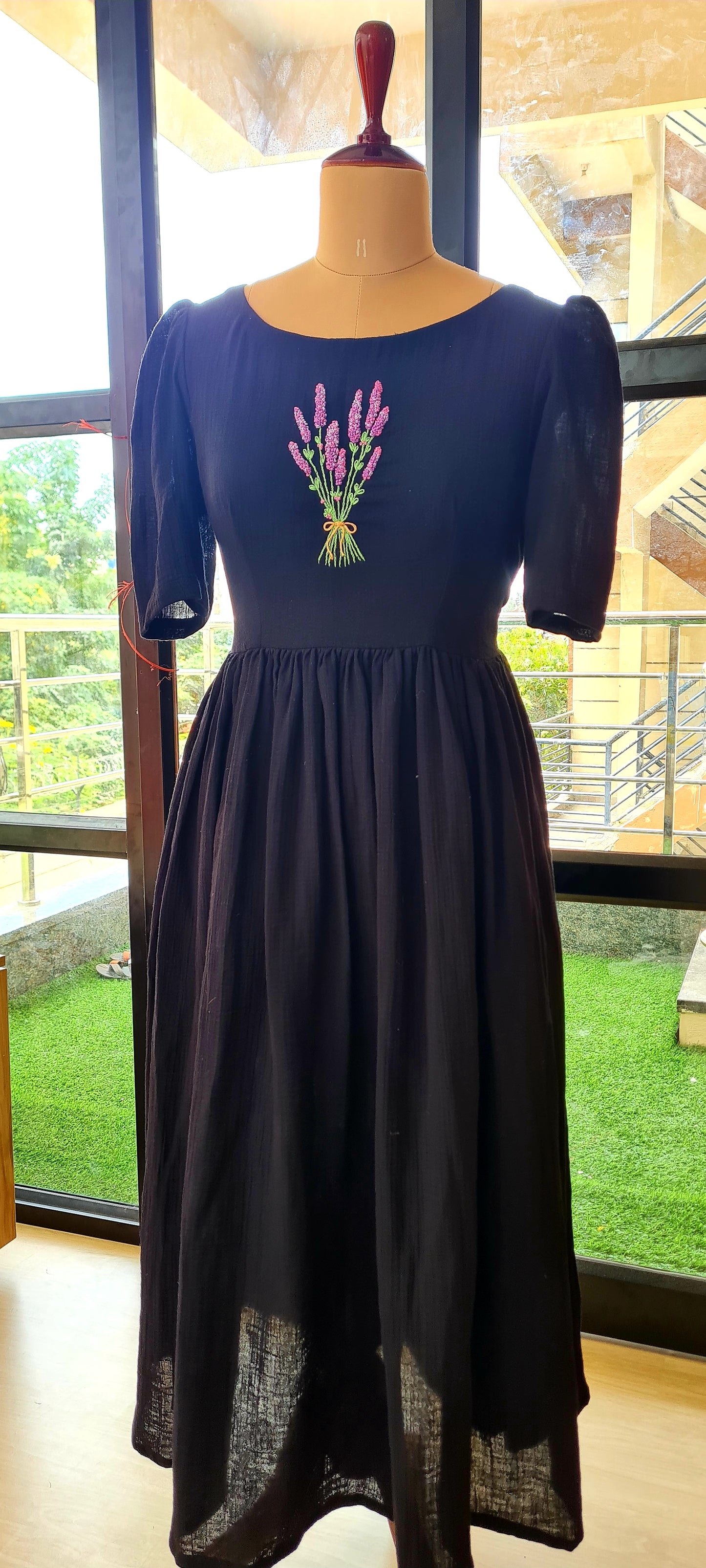 Lavender Dreams Frock - Handcrafted Black Gauze Cotton with Lavender Embroidery