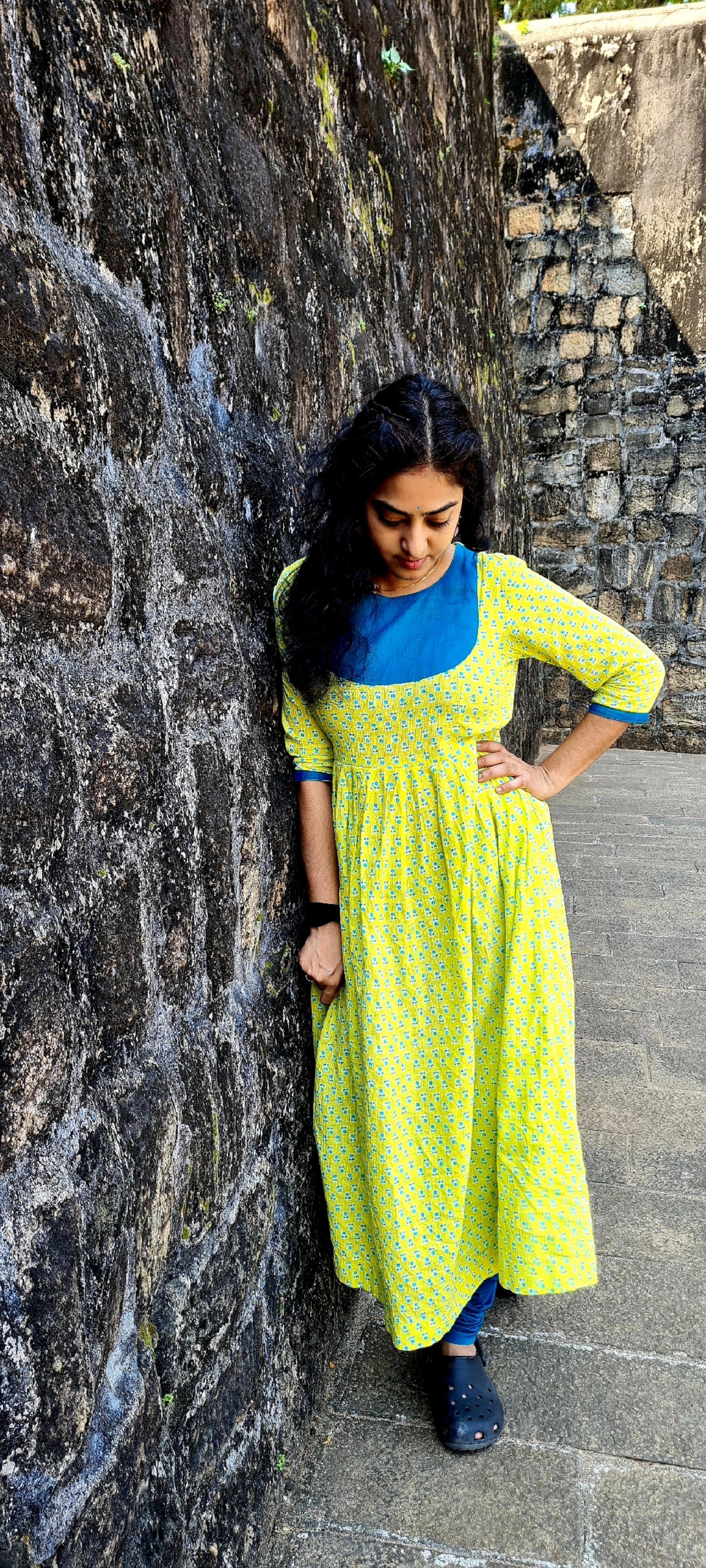 Lemon Yellow Cotton Frock with Peacock Green Yoke: Comfortably Simple and Eye-Catching