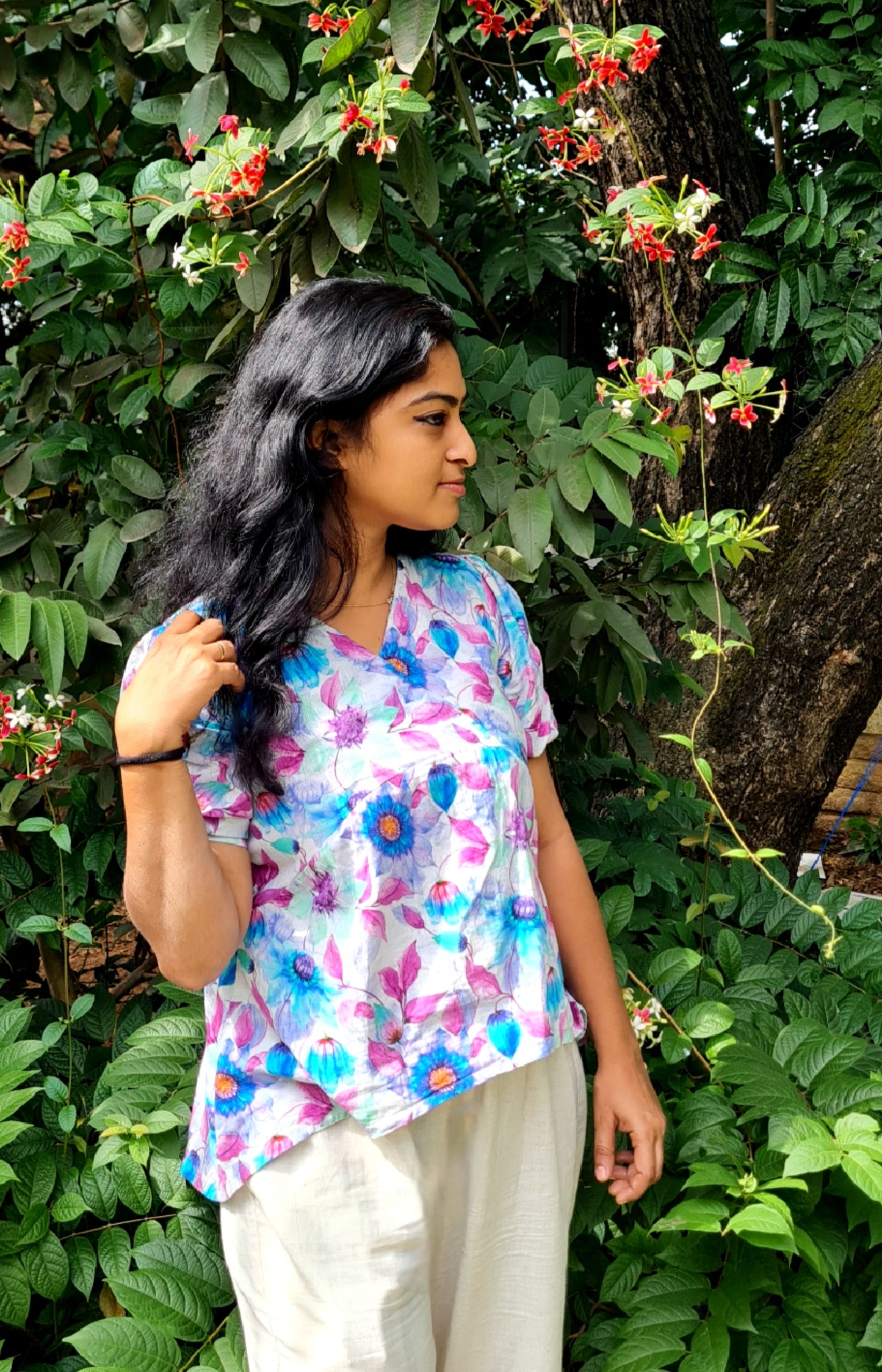 Floral Elegance: Khadi High Low Top