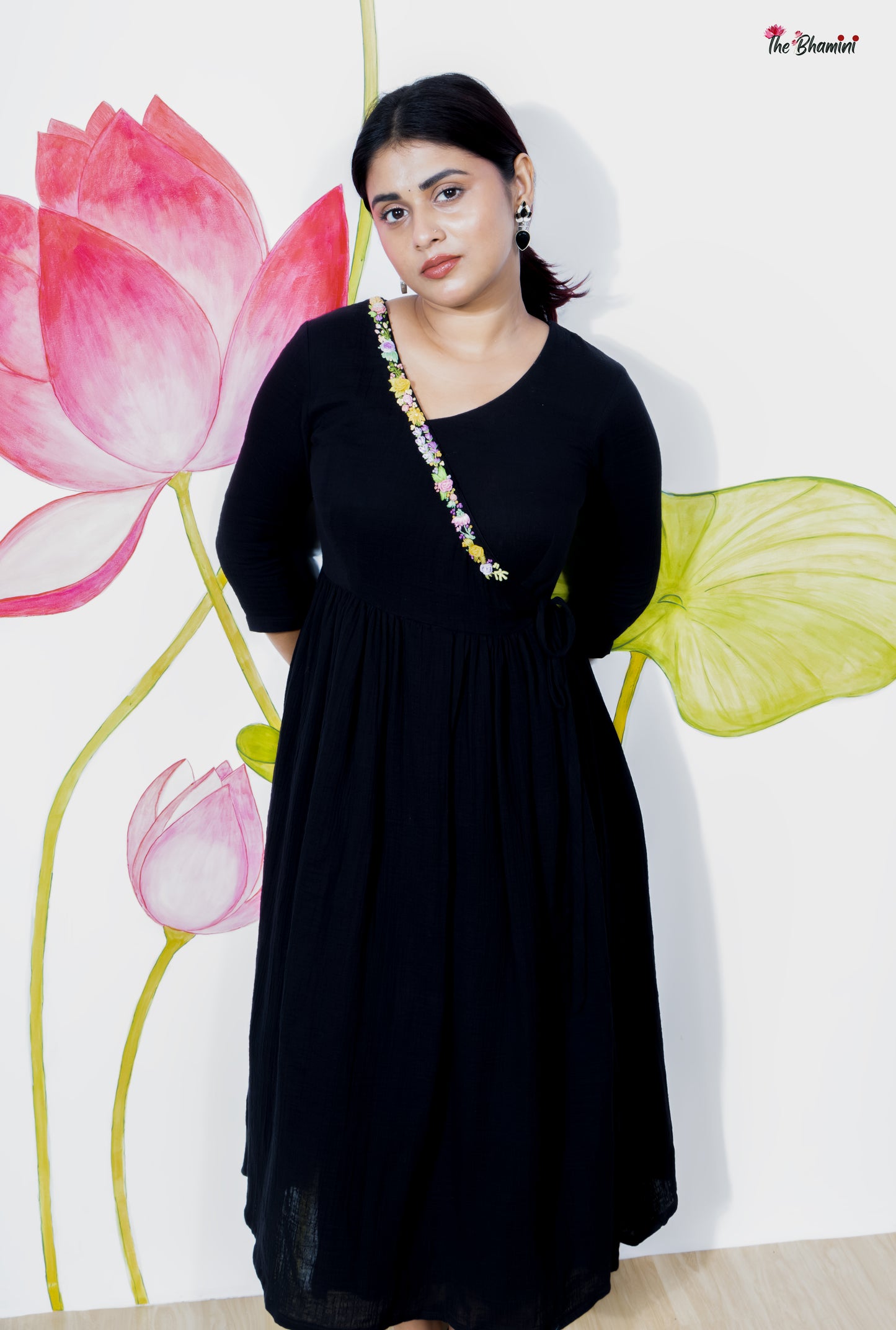 Black cotton gaze Angrakha frock with stunning 3D pastel floral hand embroidery