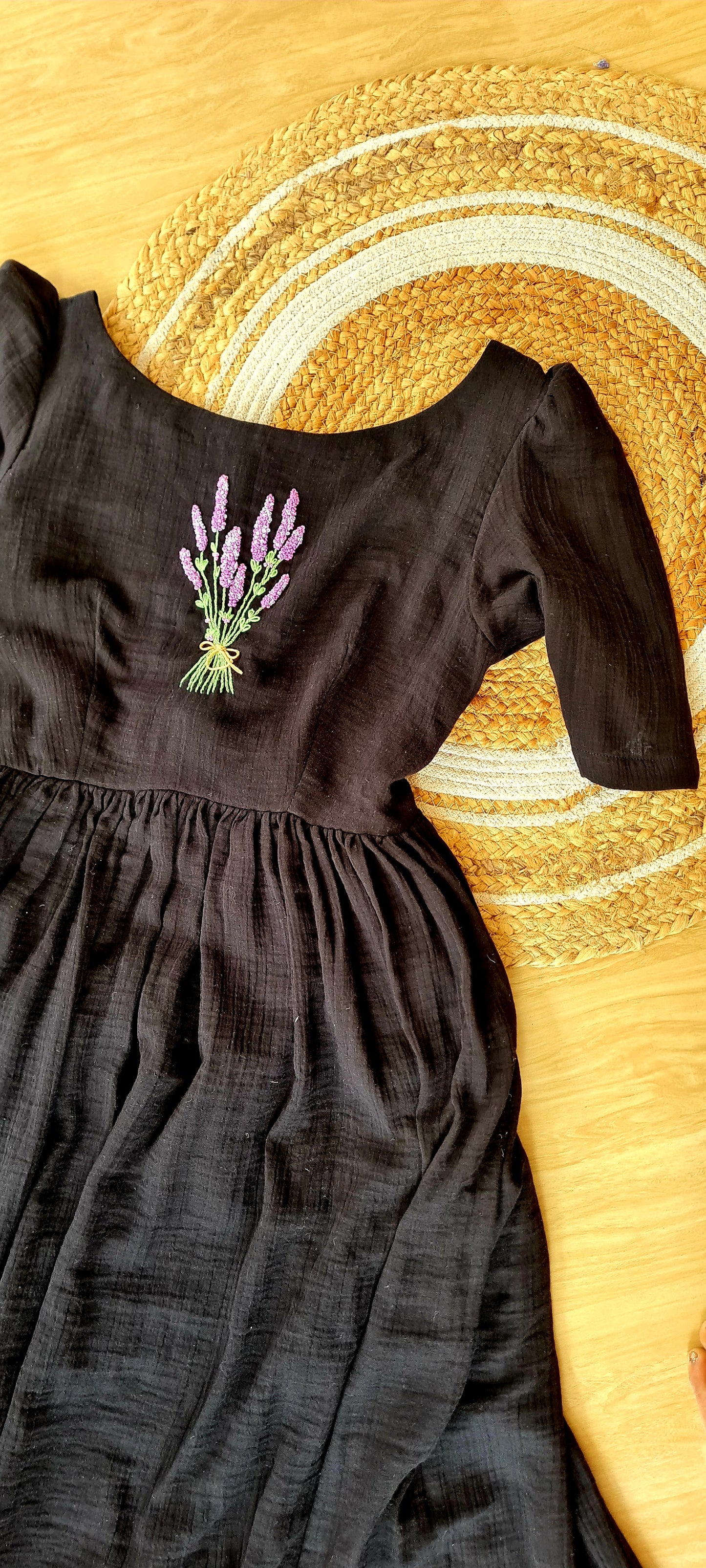 Lavender Dreams Frock - Handcrafted Black Gauze Cotton with Lavender Embroidery