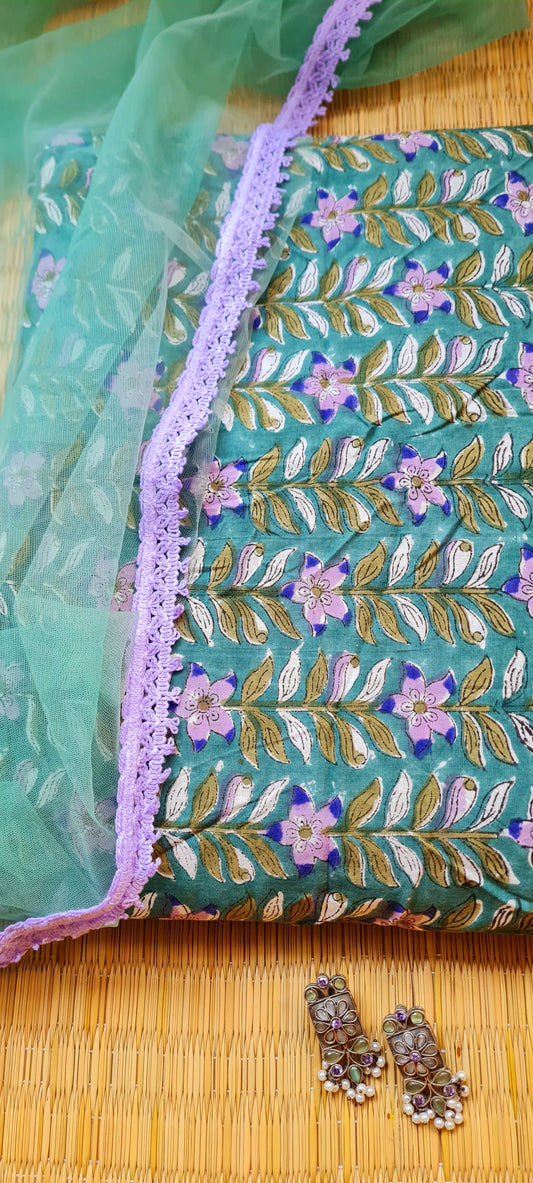 Green Lavender Floral Leaf Hand Block Printed Top Material With Dupatta