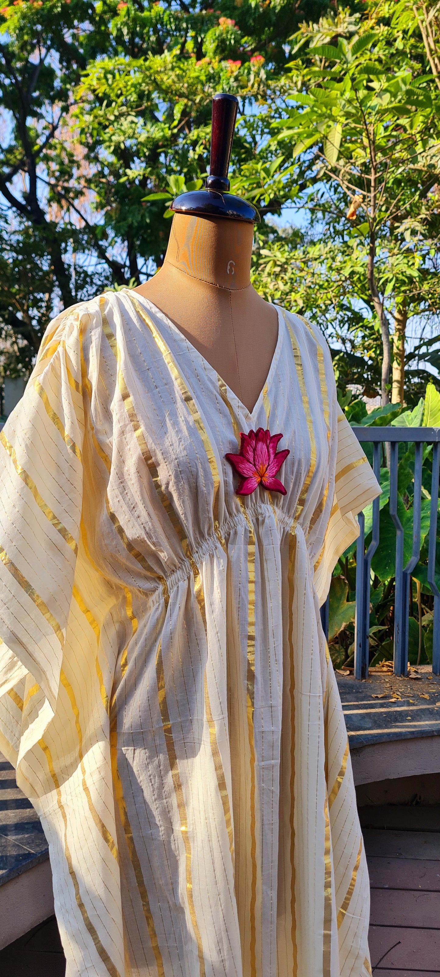 Golden Horizon: Offwhite Cotton Kaftan with Hand Embroidered Brooch