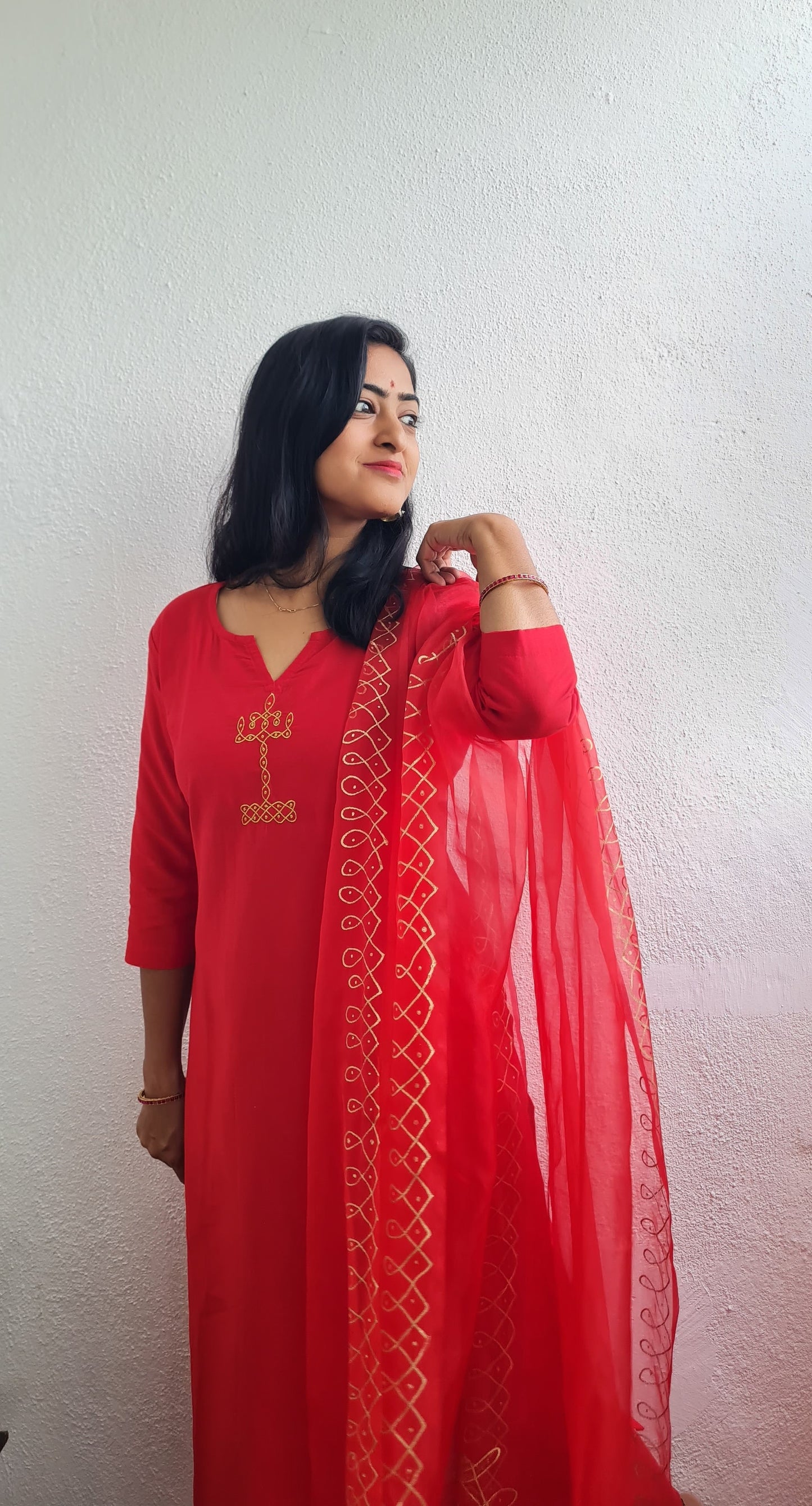 Kolam Elegance - Diwali Special Red Kurti & Dupatta Set - KU00026