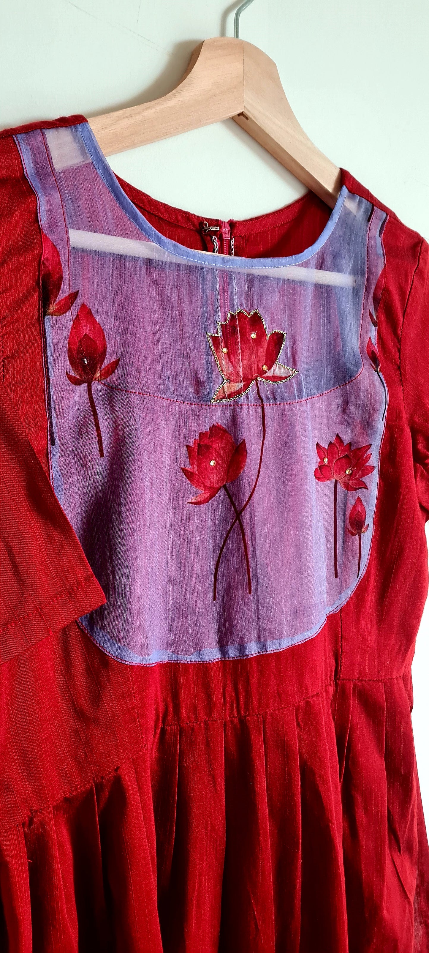 Unique Elegance: Lavender and Maroon Lotus Yoke Work Kurti with Hand-Painted Lotus Dupatta