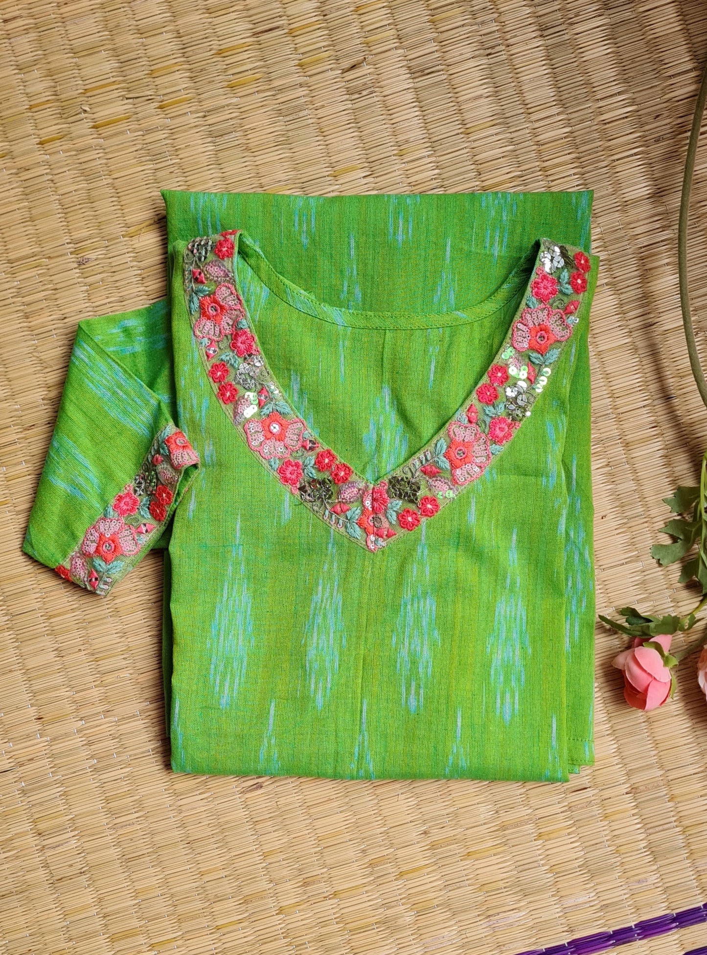 Stunning Green Ikat Cotton Kurti with Sequin Embroidery Floral Work