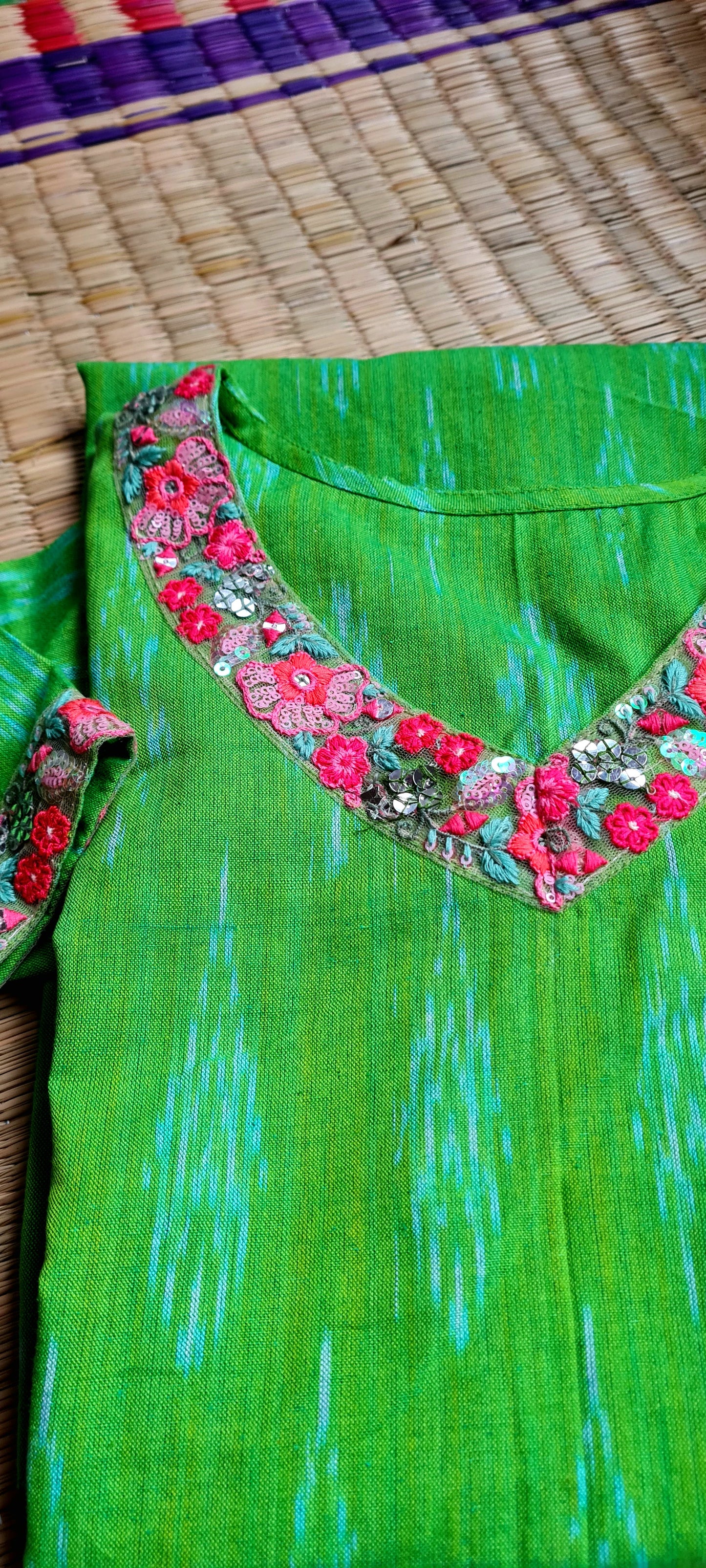 Stunning Green Ikat Cotton Kurti with Sequin Embroidery Floral Work