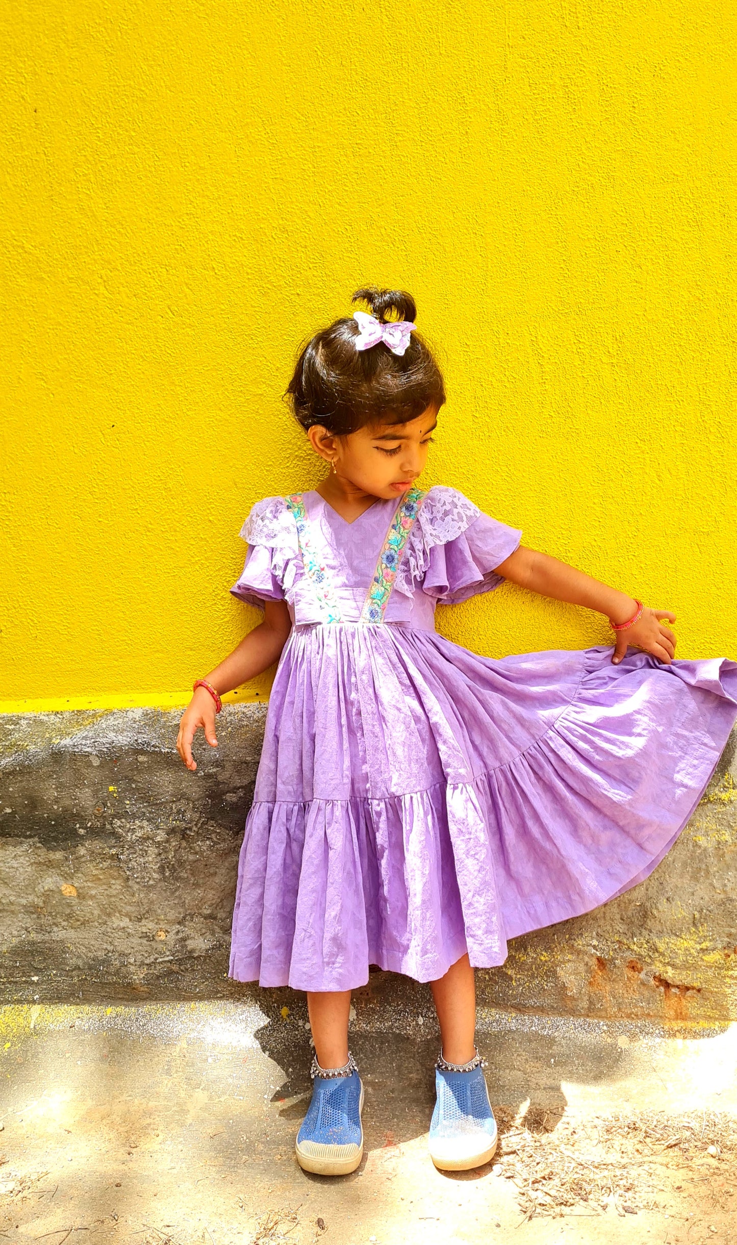 Enchanting Lavender Jacquard Cotton Kids' Frock with Floral Embellishments