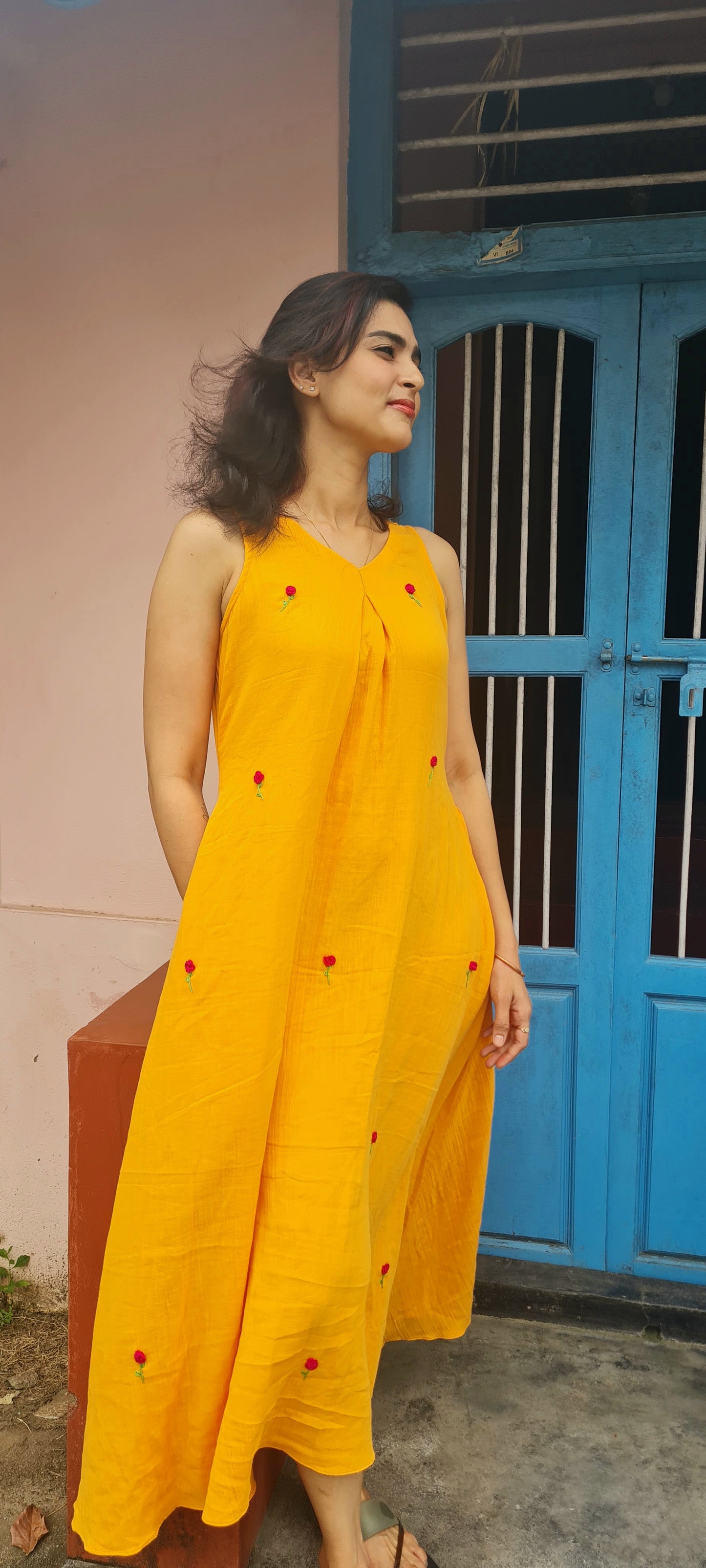 Earthly Sunset Charm: Handcrafted Cotton Gauze Dress