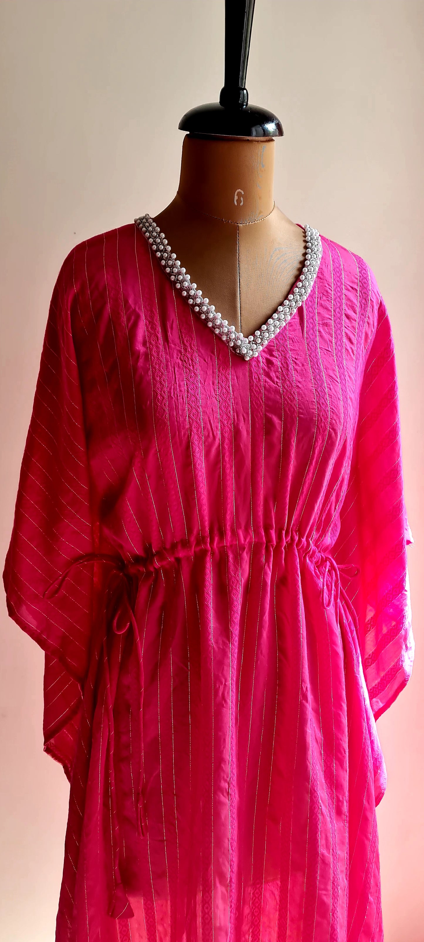 Deep Pink Cotton Striped Kaftan