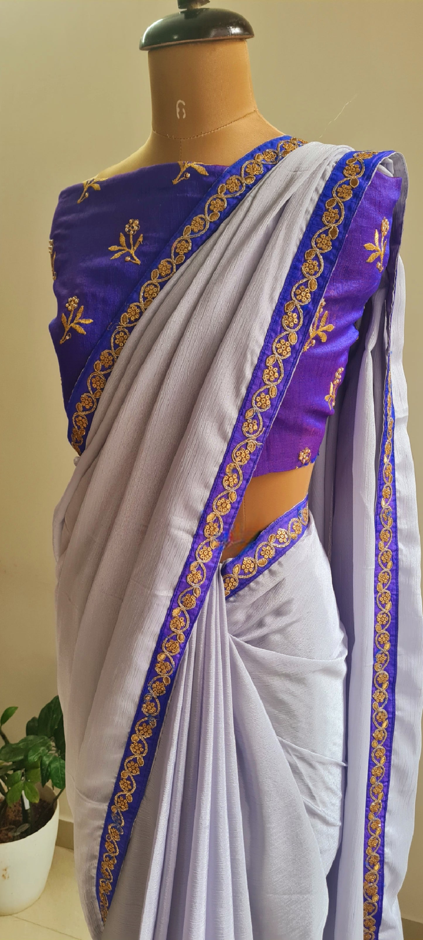 Lilac Saree With Violet Patch Work Border