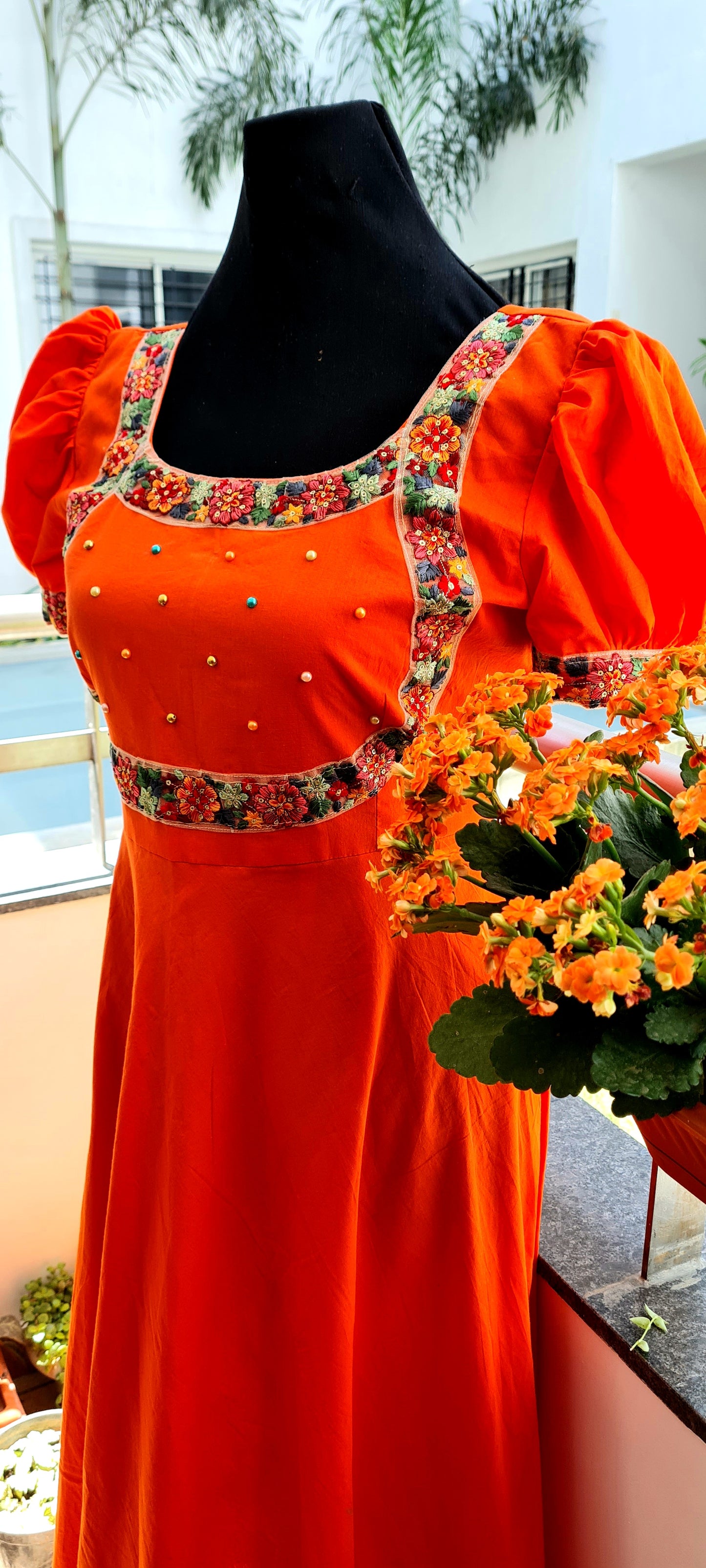 Charming Orange Cotton Frock with Handcrafted Embroidery Yoke