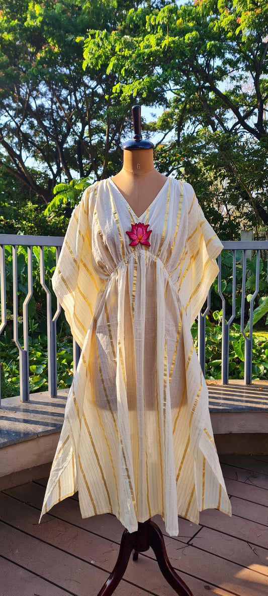 Golden Horizon: Offwhite Cotton Kaftan with Hand Embroidered Brooch