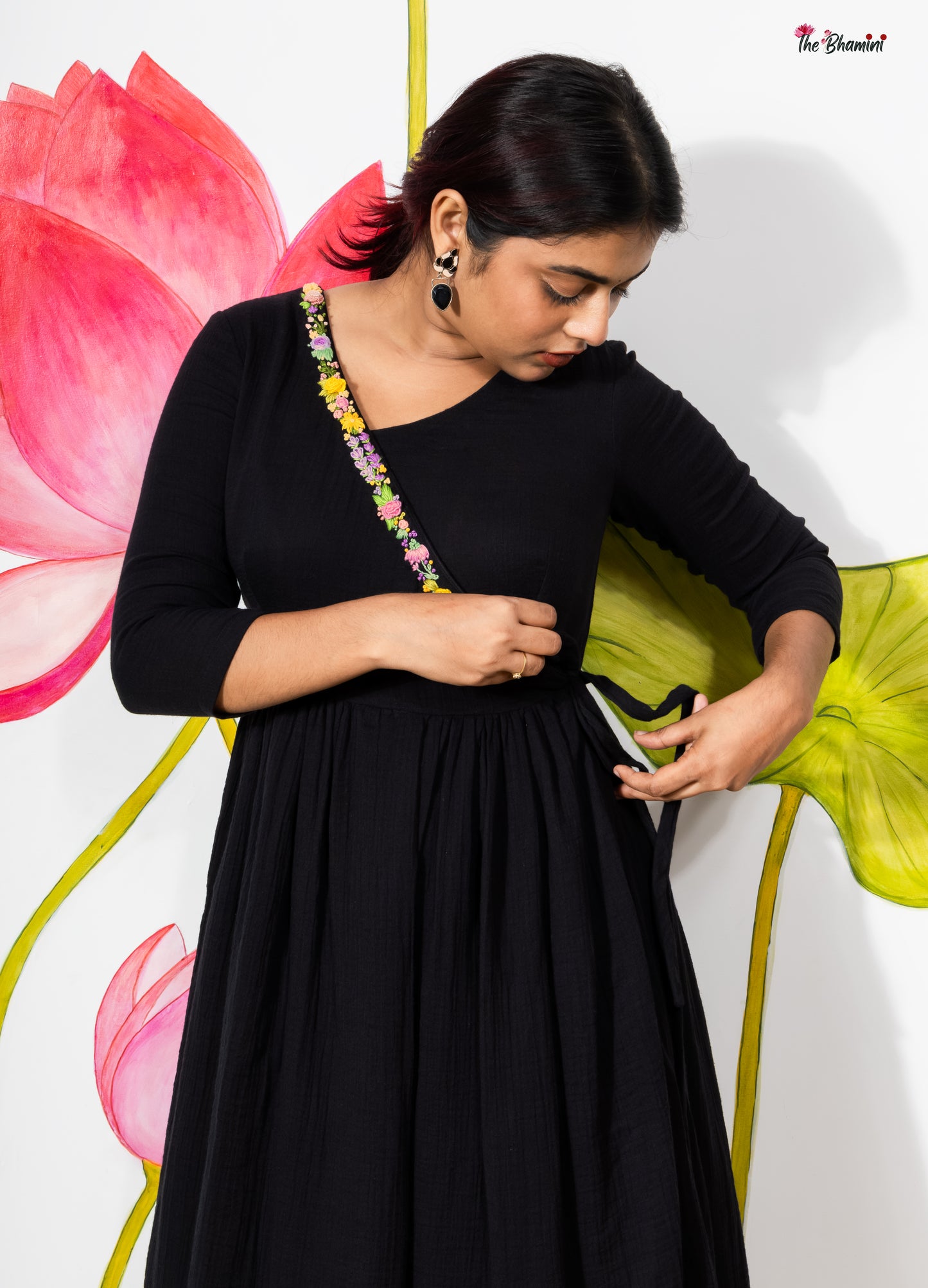 Black cotton gaze Angrakha frock with stunning 3D pastel floral hand embroidery