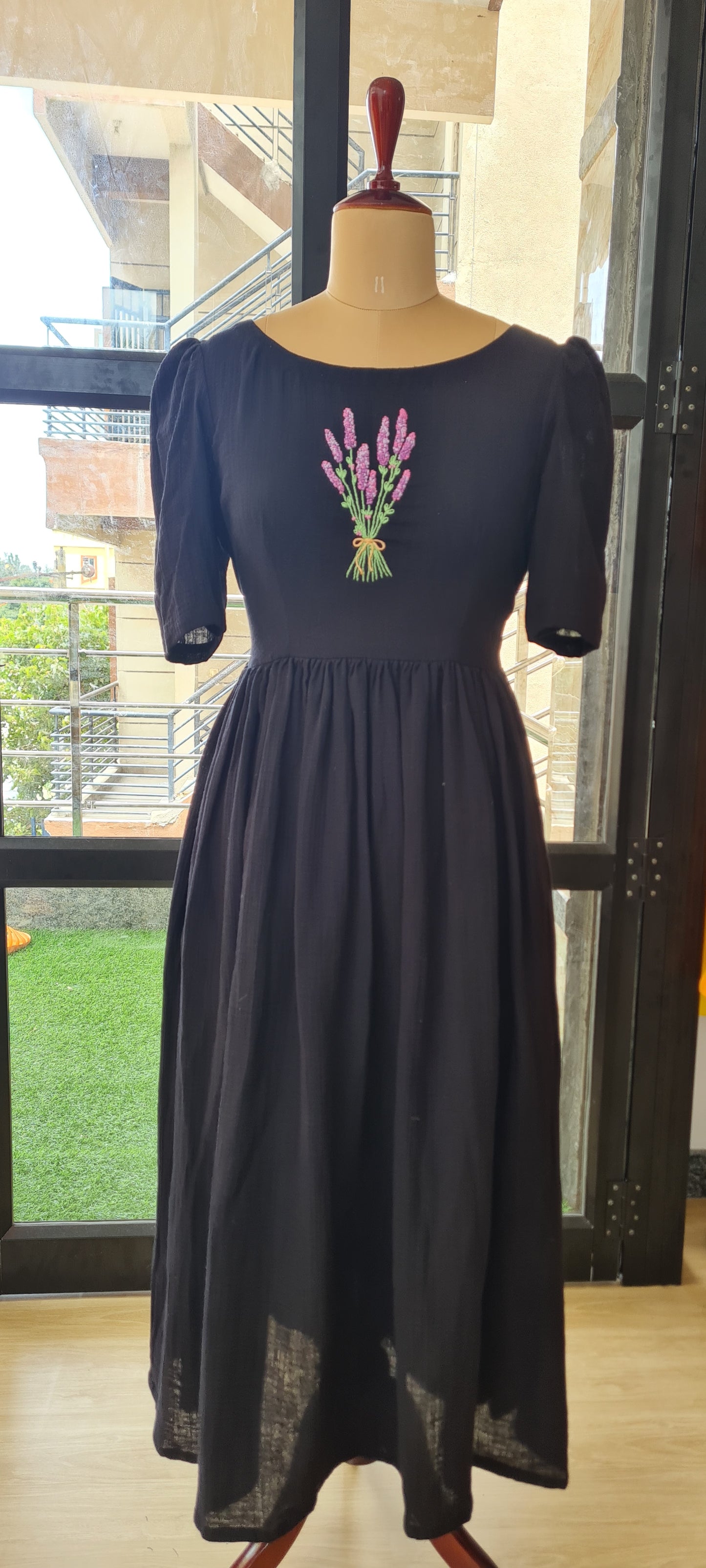 Lavender Dreams Frock - Handcrafted Black Gauze Cotton with Lavender Embroidery