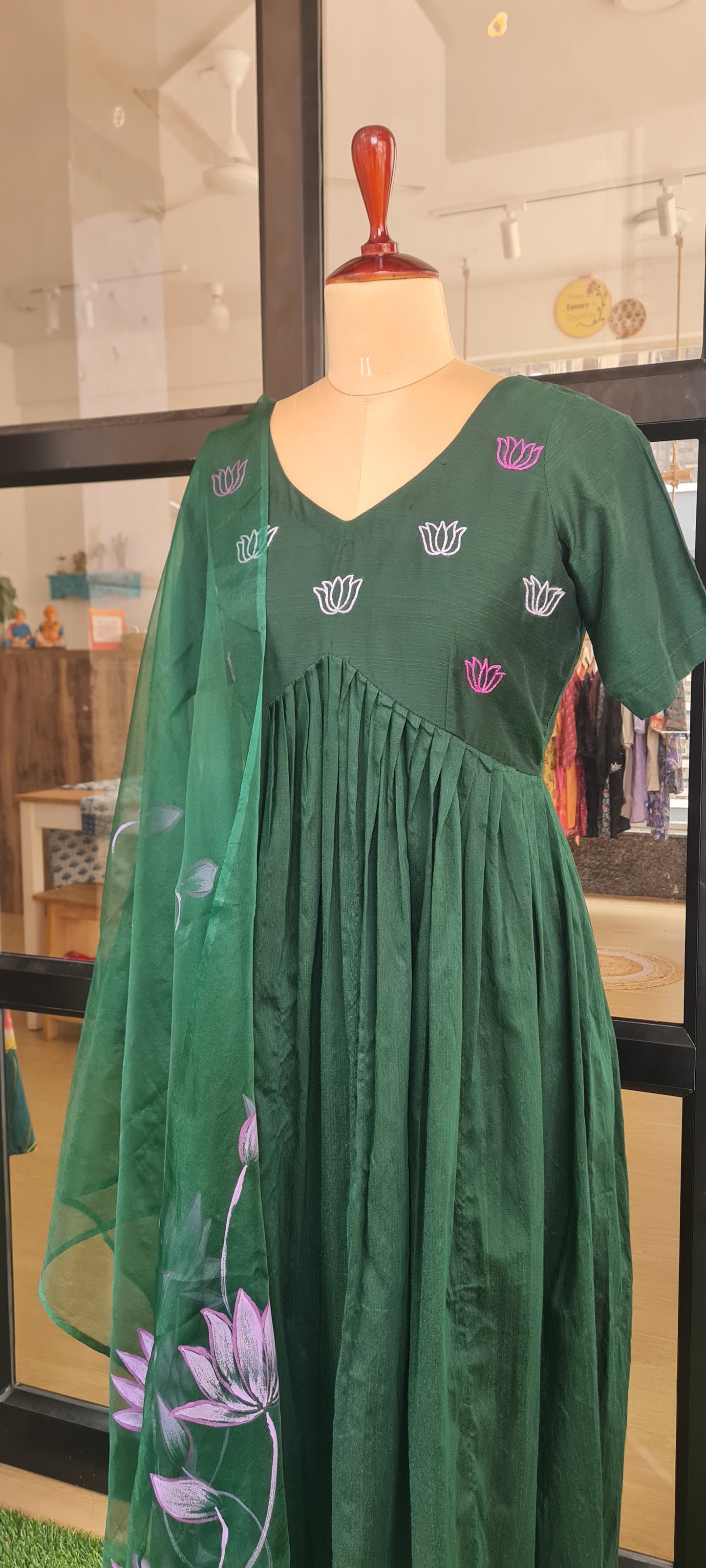 Handcrafted Harmony ,Green And Lavender alia cut top With dupatta: KUEMB00020