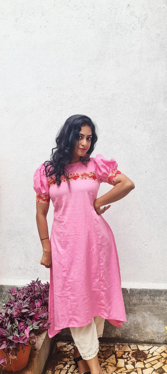 Pink Cotton Frock With Embroidery Patch Work