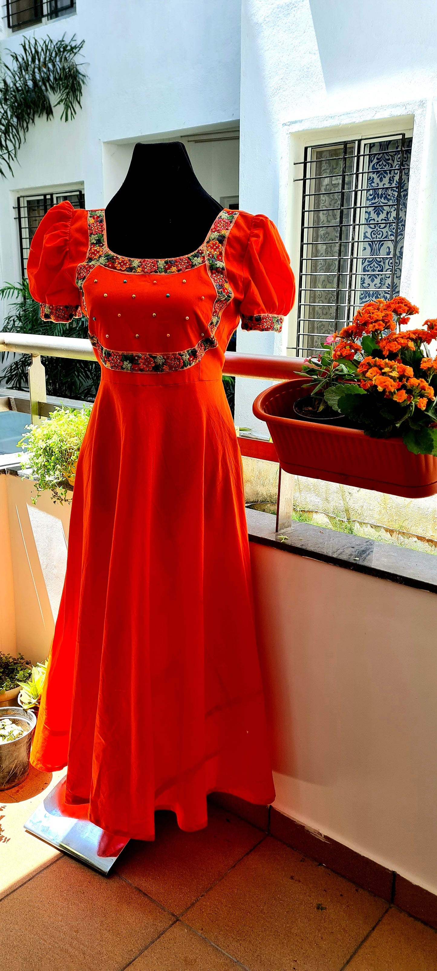 Charming Orange Cotton Frock with Handcrafted Embroidery Yoke