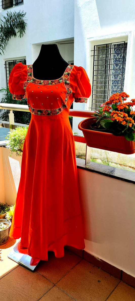 Charming Orange Cotton Frock with Handcrafted Embroidery Yoke