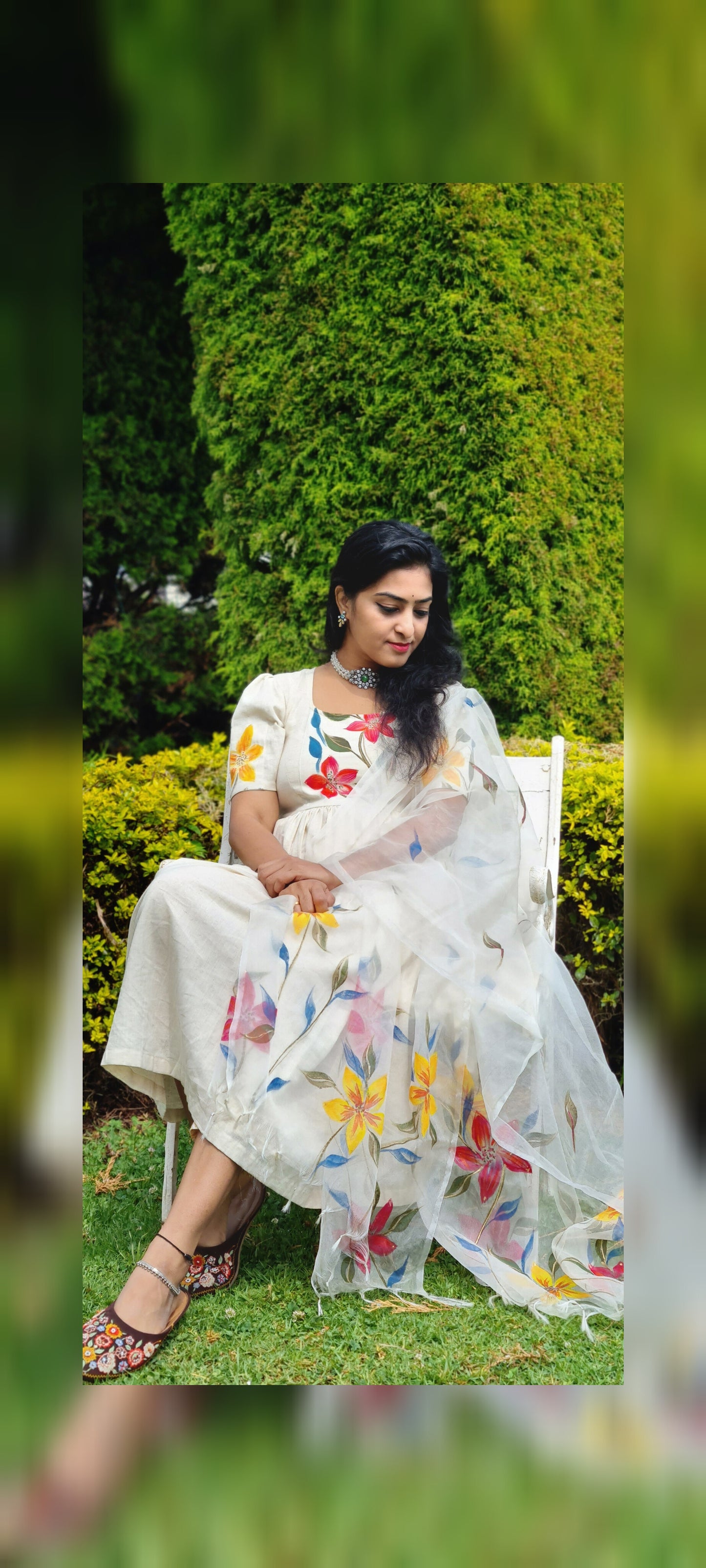 Cotton Khadhi Hand Painted Floral Anarkali With Bottom And Hand Painted Organza Dupatta