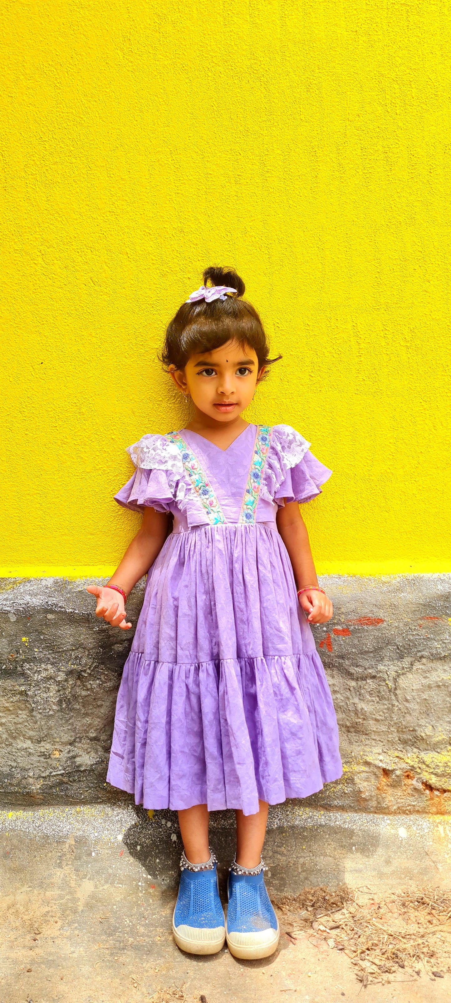 Enchanting Lavender Jacquard Cotton Kids' Frock with Floral Embellishments